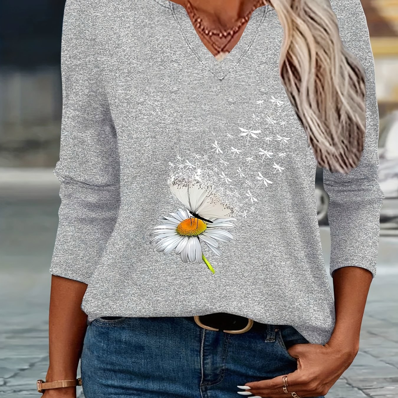 E-shop Blumenmuster, Libelle, Schmetterling, Geschenk für Sie Druck Frühlings-Sommer Mode Einfaches Damen Freizeit V-Ausschnitt 3/4 Ärmel T-Shirt