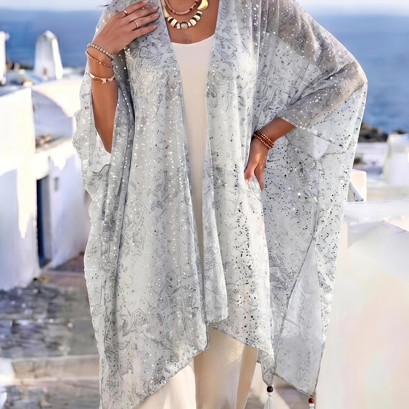 TEMU Plus Size, Bohemian Sequin Print Tassel Cardigan, Women's Semi-sheer Mesh Beach Cardigan, Vacation Vibe Outerwear