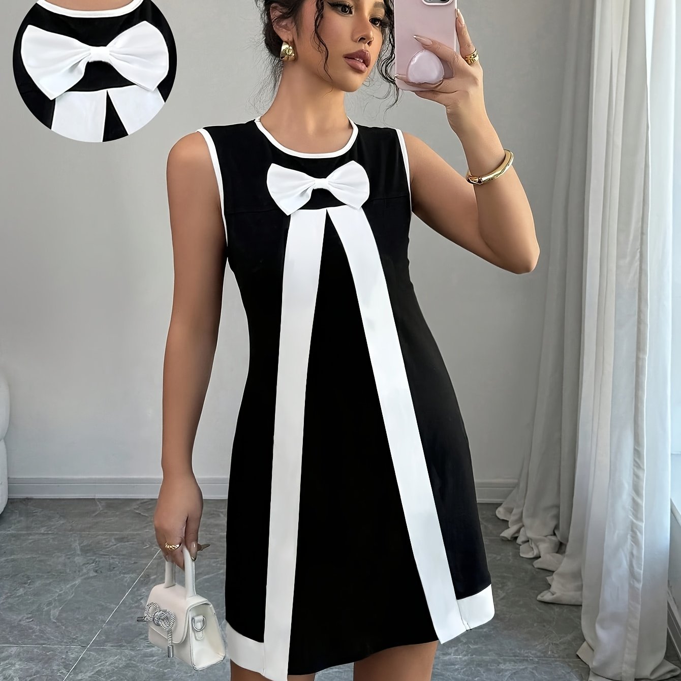 TEMU Women's Fashionable And Elegant Round Neck Sleeveless Bow Decoration Stitching Dress