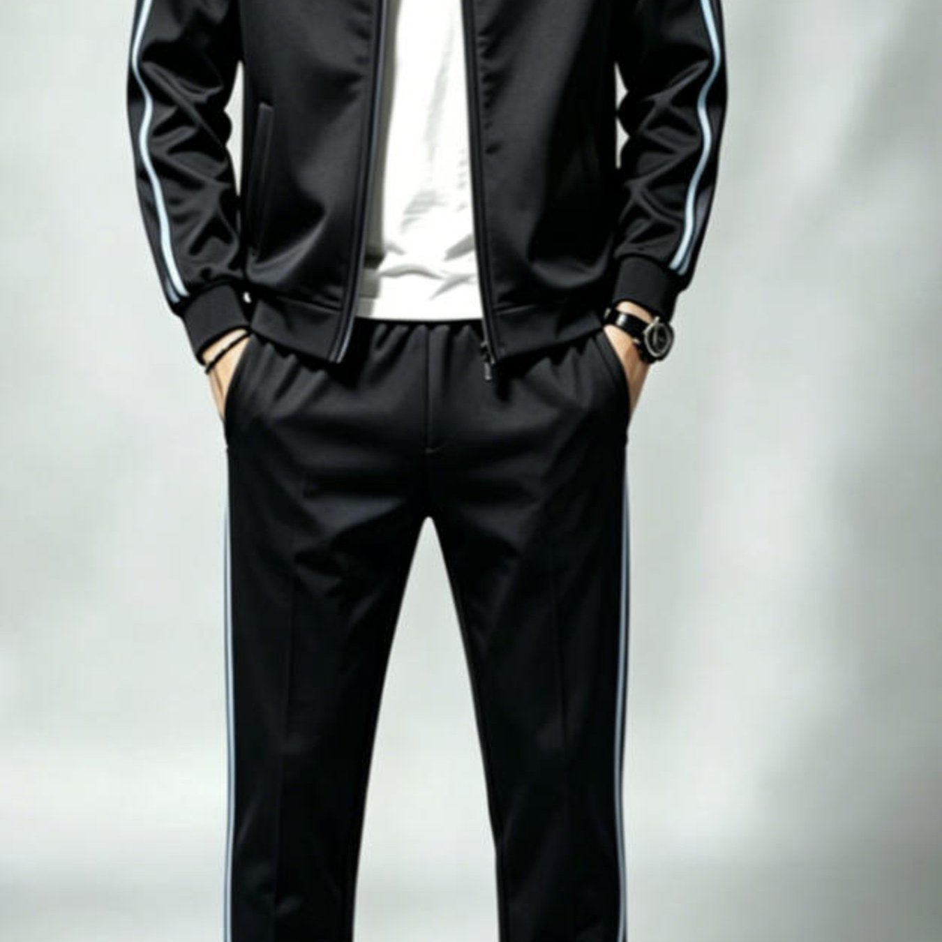Image of Men's Tracksuit Set, Stand Collar Zip-up Jacket With Light Stripes And Matching Straight-leg Pants, Casual Sportswear For Fall Winter Daily Wear, Holiday Gift