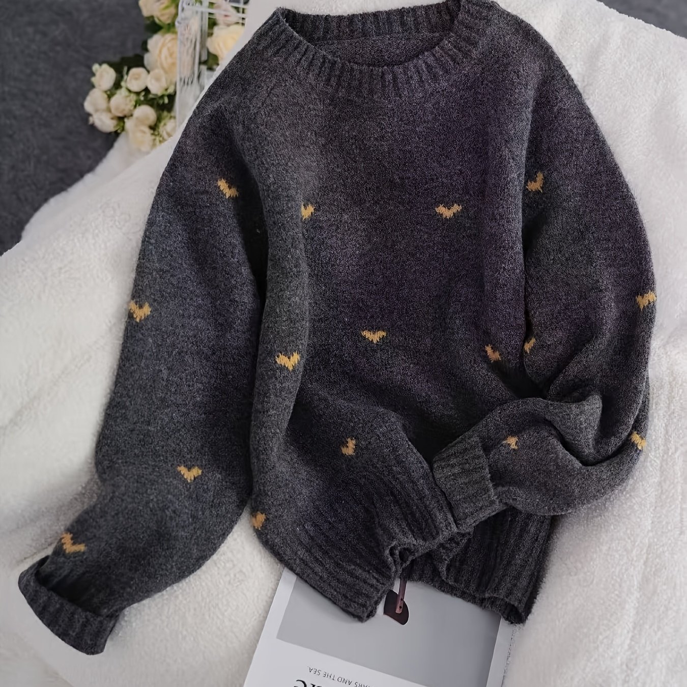 TEMU Jersey de punto fino para mujer, color , , elástico, , pequeño, cuello , holgado