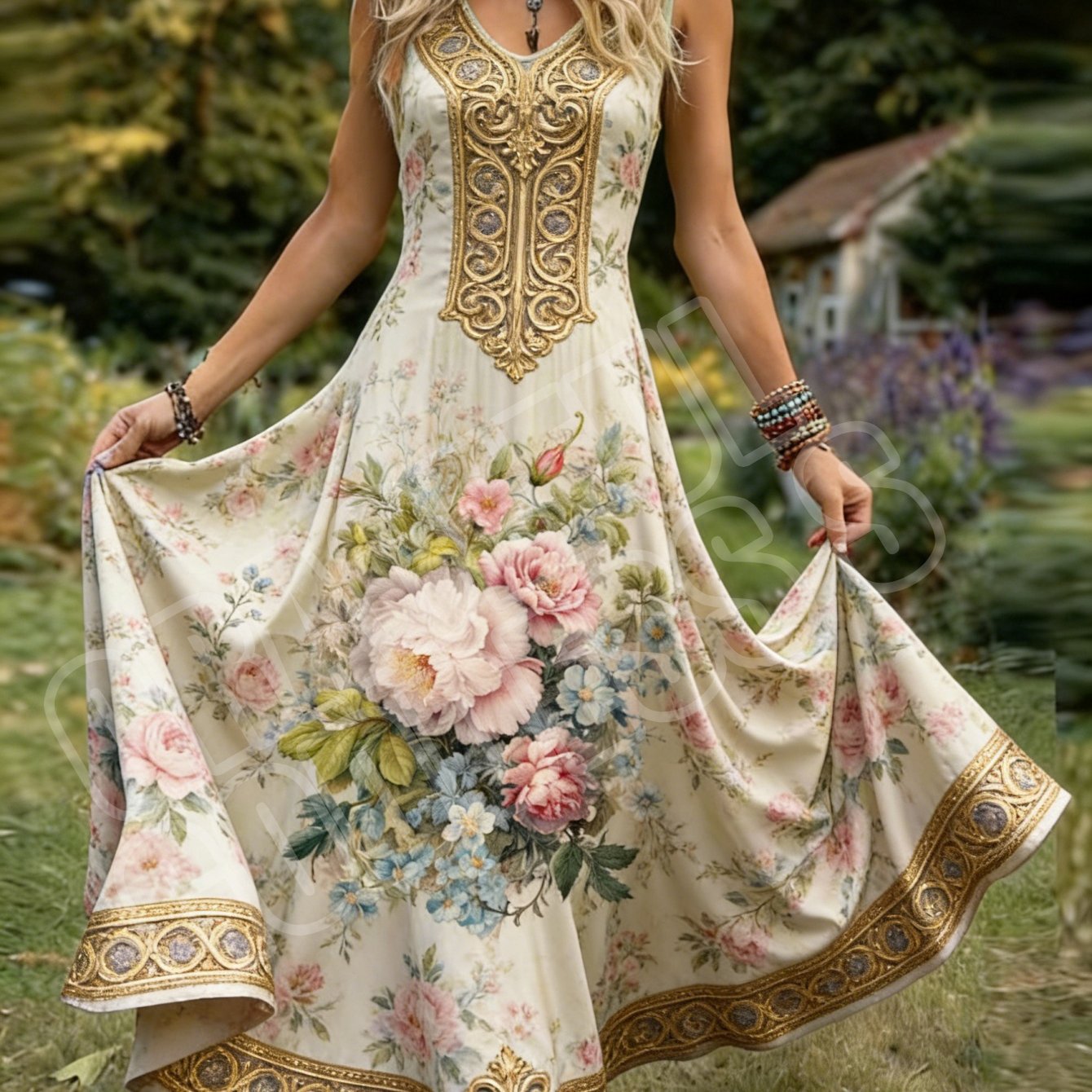 Women's Retro-style Sleeveless Dress With Floral Print, Pastoral V-neck A-line Maxi Skirt. Machine Washable, Perfect For Casual Attire And Vacations.