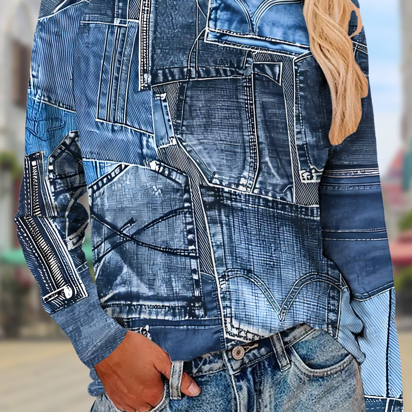 TEMU Women's Casual Round Neck Printed T-shirt Made Of Various Colored Denim Fabric Blocks - Spring, Summer, Autumn And Winter Seasons, Comfortable