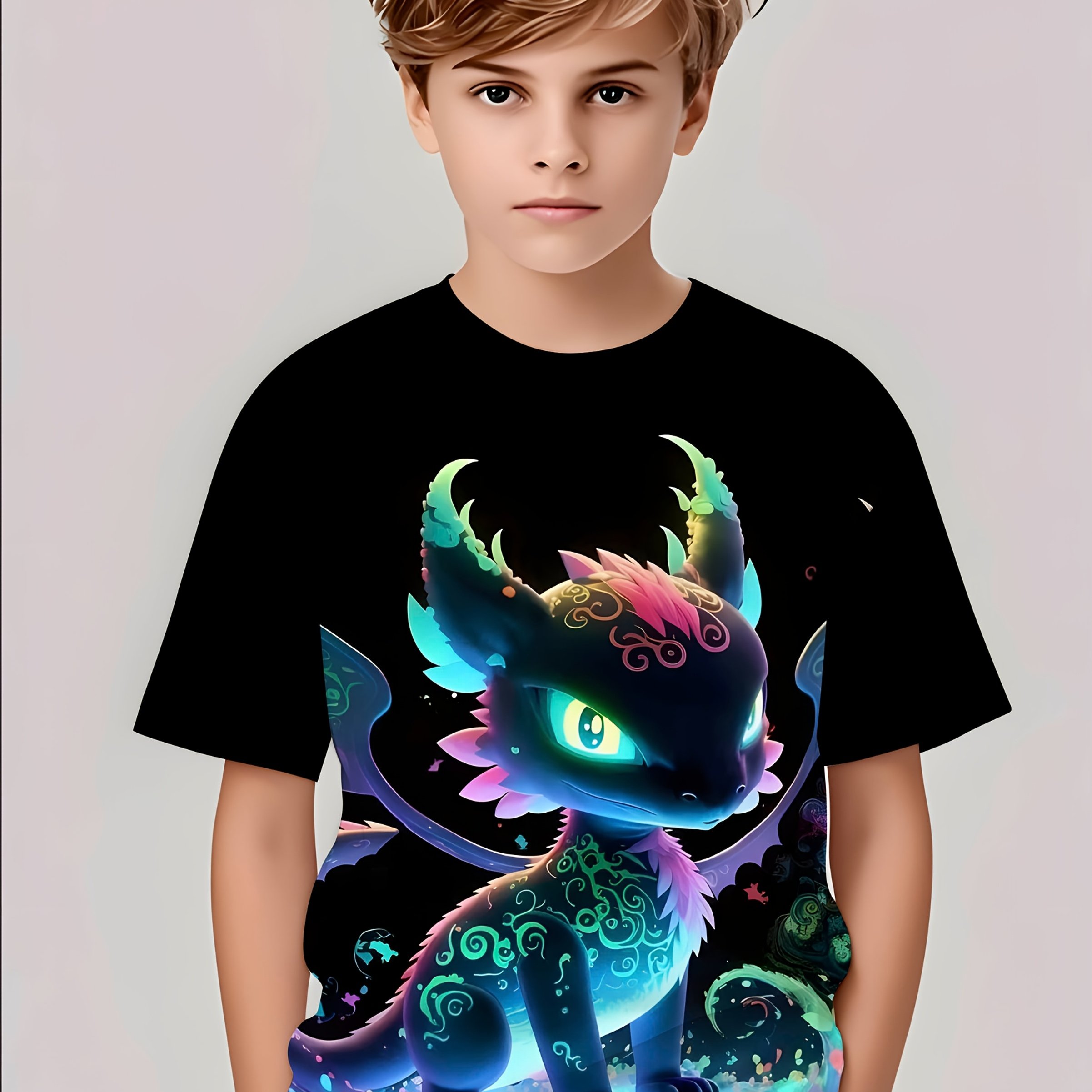 Fashionable Cute Cartoon Print Summer Boys' Crew Neck Short Sleeve T-shirt