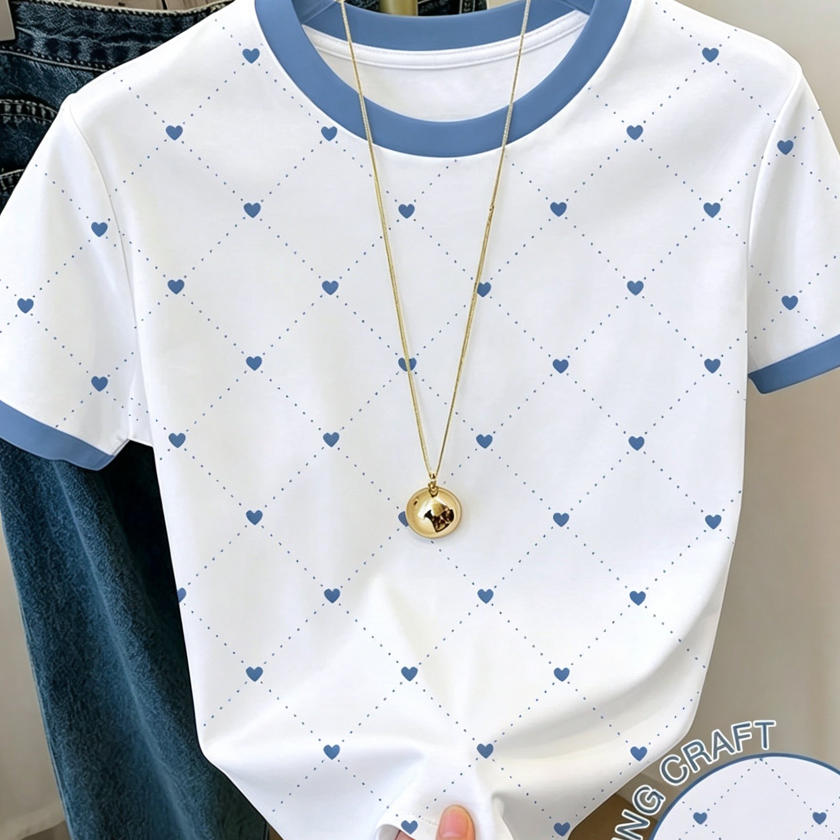TEMU Summer New Women's T-shirt, Round Neck Casual Wear, Women's Pullover Top, Casual Commute Top, Daily Outing Base Layer, Dotted With Small Heart