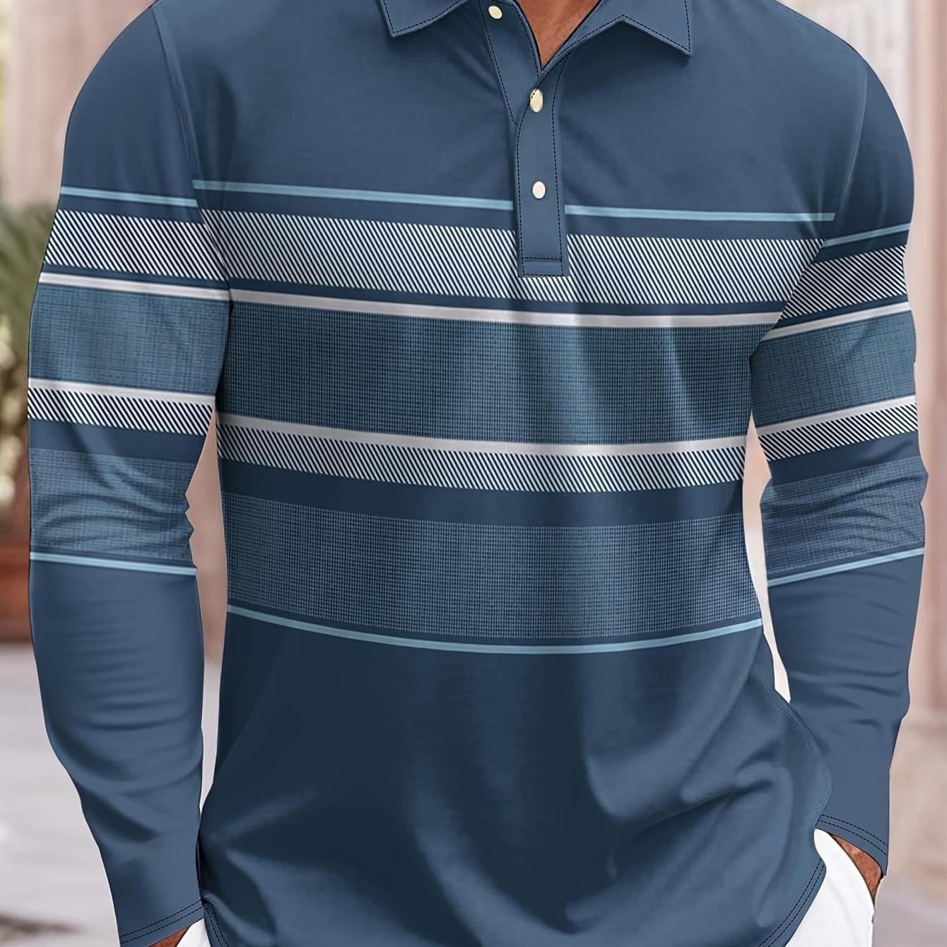 TEMU Men's Casual Long Sleeve Shirt Navy Blue With Striped Pattern And For Daily Wear Golf Office Work Business Casual Outfit -printed Design - Not