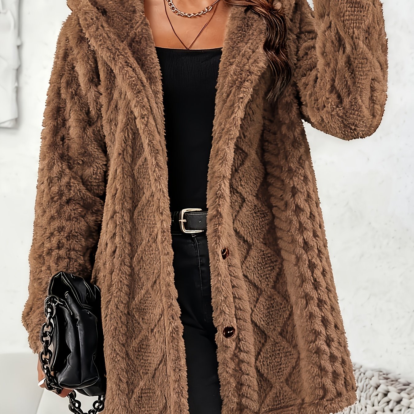TEMU Plus Size - Autumn Winter Women's Coat, Diamond Jacquard Plush Coat, Loose Thick Warm, Temperament Party Outerwear Top