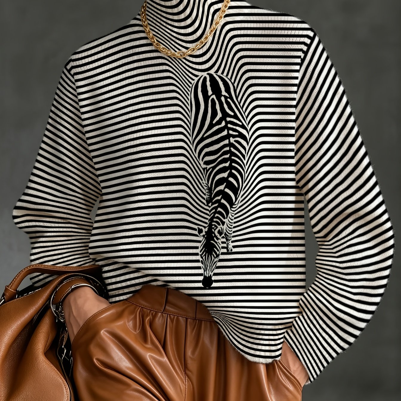 TEMU Thin Sweater Autumn/winter Women's Pullover, Zebra Print, High Neck Design, Pullover | Printed Pattern Top | Stretch Fabric, Vintage Sweater