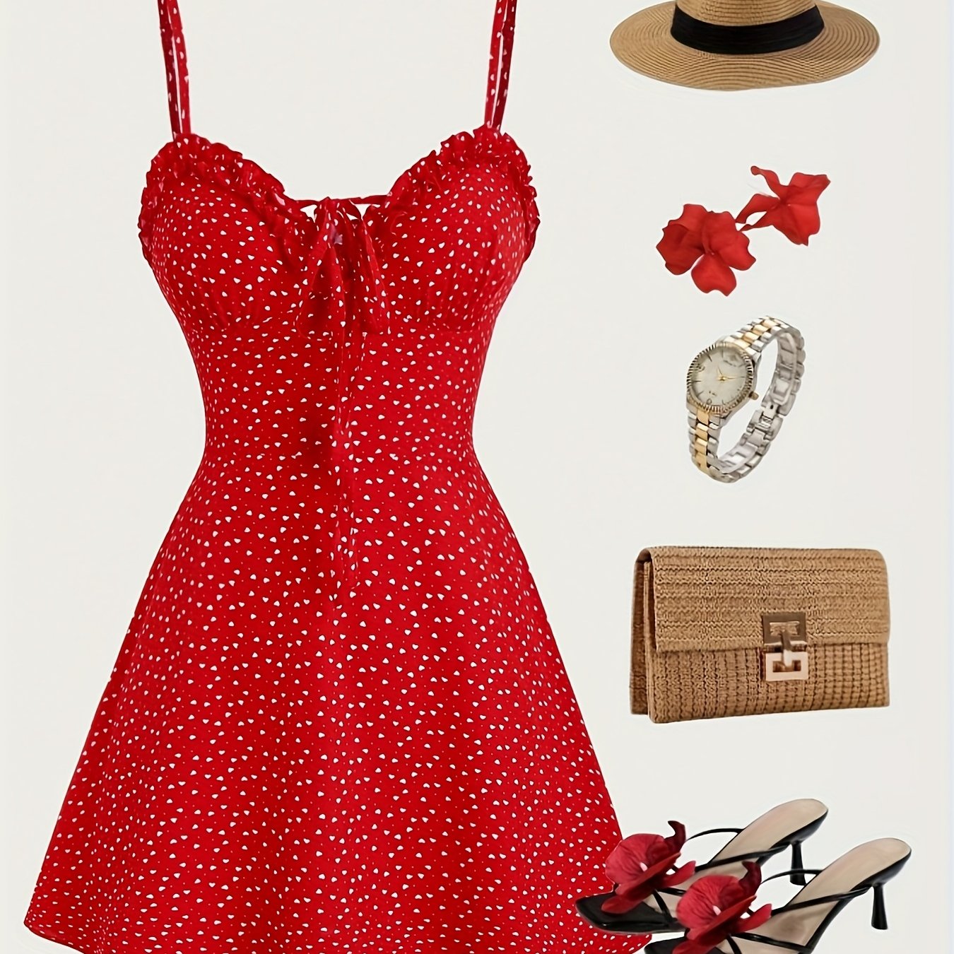 TEMU And Summer Temperament Elegant Dating Vacation Casual Cute Sexy V-neck Suspender Polka Dot Women's Short Dress