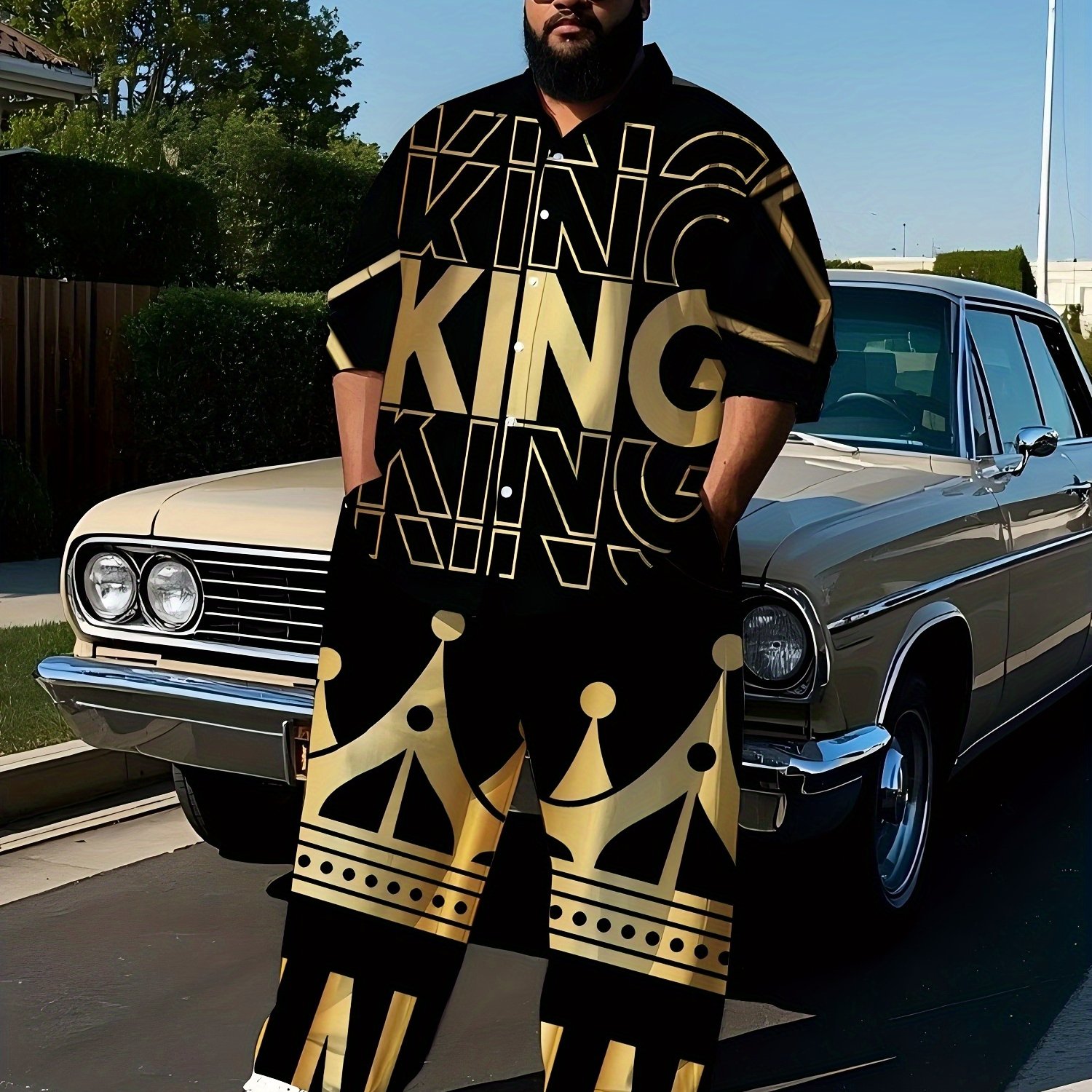 Image of Plus Size Men's Black And Golden Loose Short Sleeve Long Pants Set | King Symbol Spreads, Sports And , Crew Neck, Regular Fit, Patterned Print, Perfect For Men