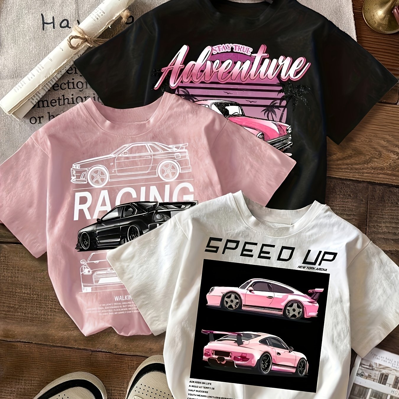 TEMU Ensemble de 3 T-Shirts Courts à Col Rond et Manches Courtes avec Motif pour Femme