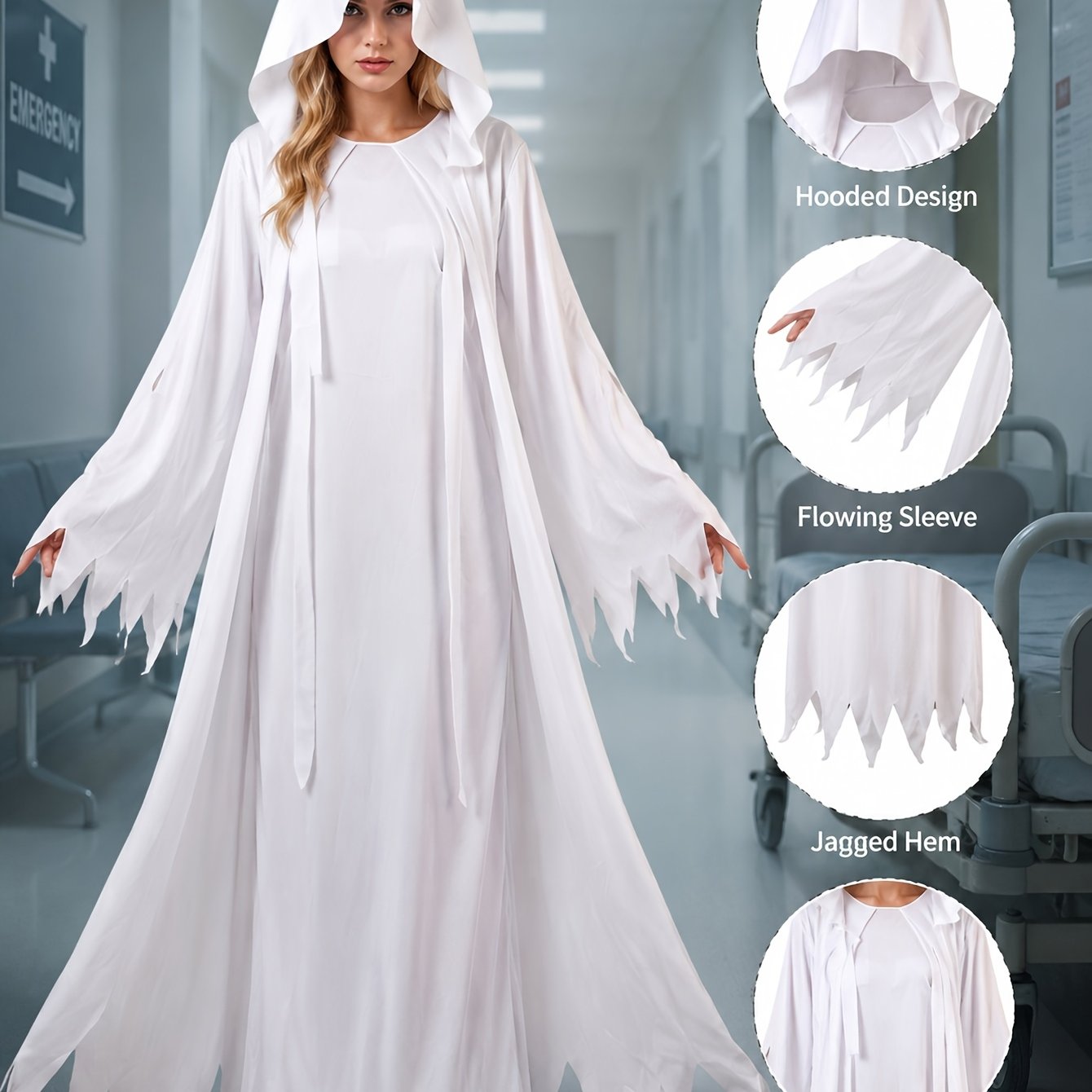 TEMU Halloween White Robe, Hooded Ripped Edges Women's Costume, Horror Theme Party Cosplay Outfit