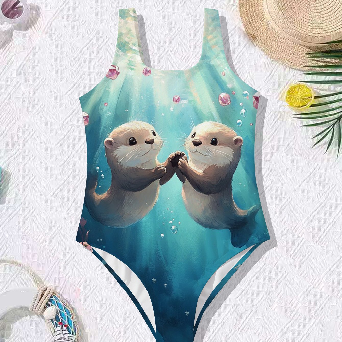 TEMU Summer New Random Digital Printing Trend Summer Girls' One-piece Swimsuit Otter Ocean Sweet Print Unique Little Girl Summer Party Beach Vacation