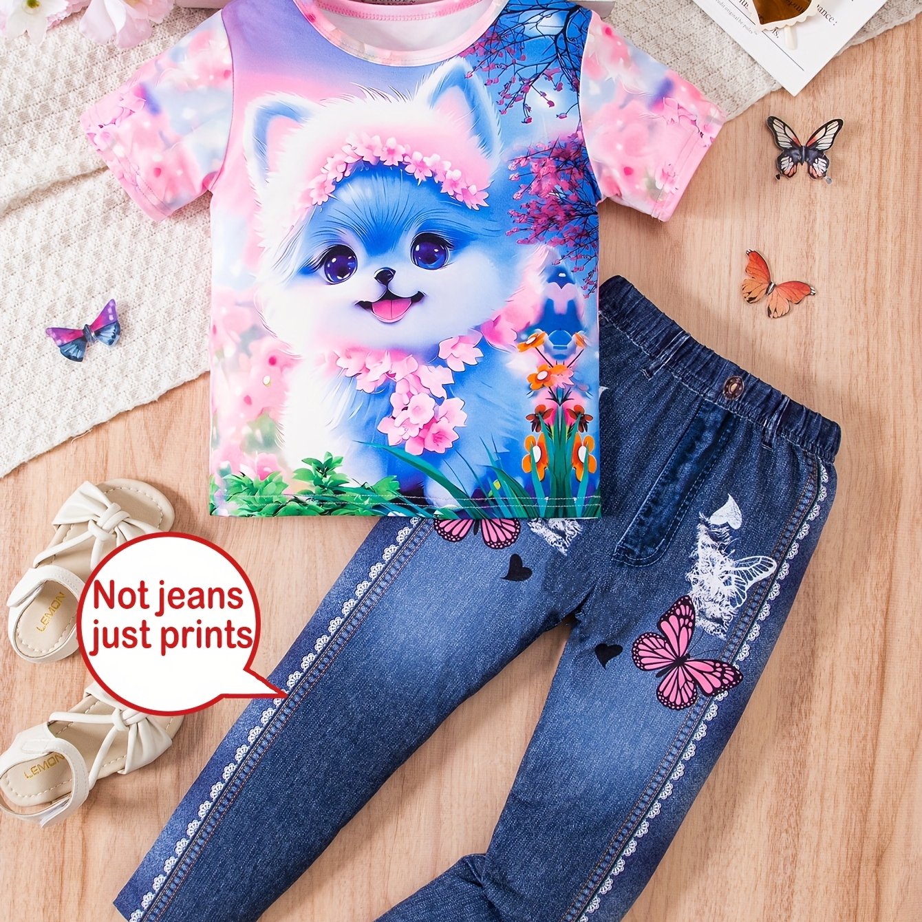 Image of Cute Cat Print Short Sleeve 2pcs Set For Girls, Small And Medium-sized Children, Anti-faux Denim Trousers And Long Trousers Set, For Outdoor