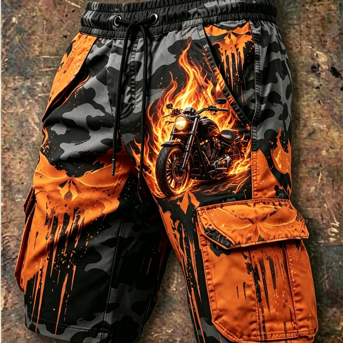 Men's Black Camouflage Flame Skull Cargo Shorts Casual Outdoor 5inch Shorts