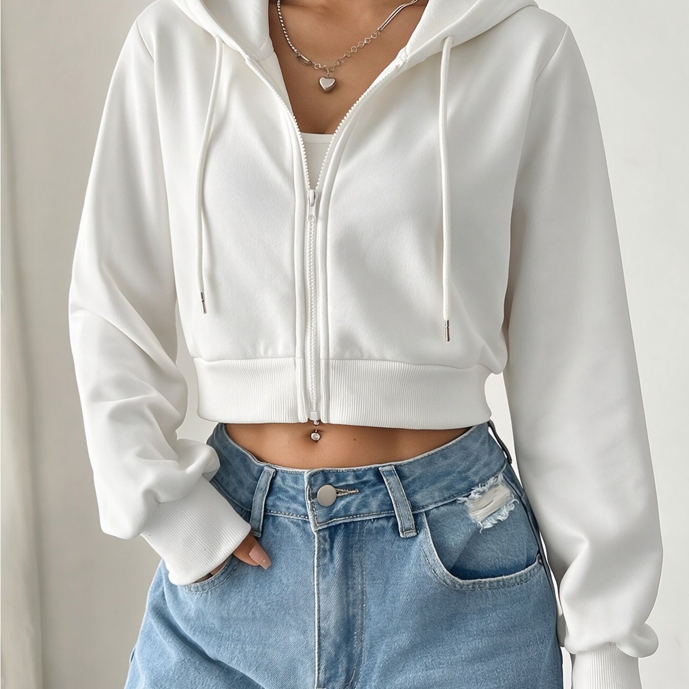 TEMU Cropped Zip-up Hooded Sweatshirt, Crop -fit Cardigan, Hot Short Hoodie, Stylish Versatile Unisex Outerwear For Daily Wear