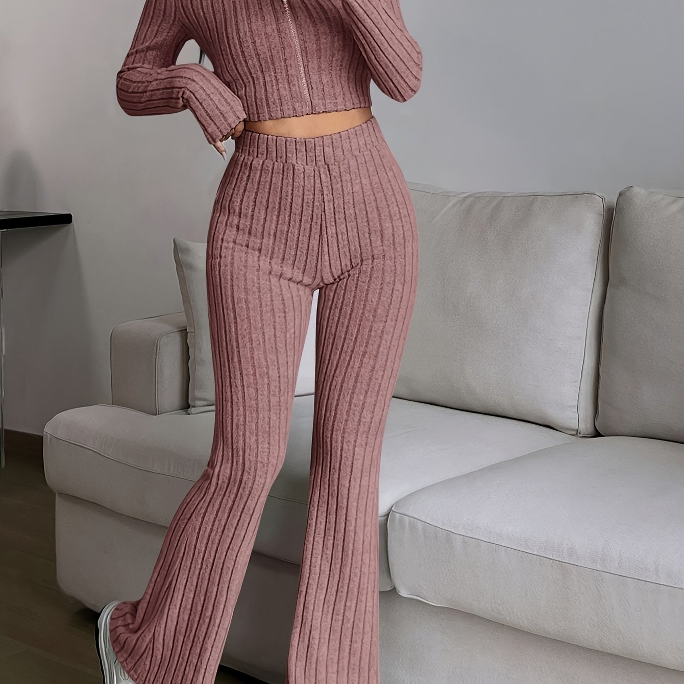 TEMU Ensemble deux pièces élégant comprenant un cardigan zippé à manches longues et col rond, et un pantalon long à jambes larges