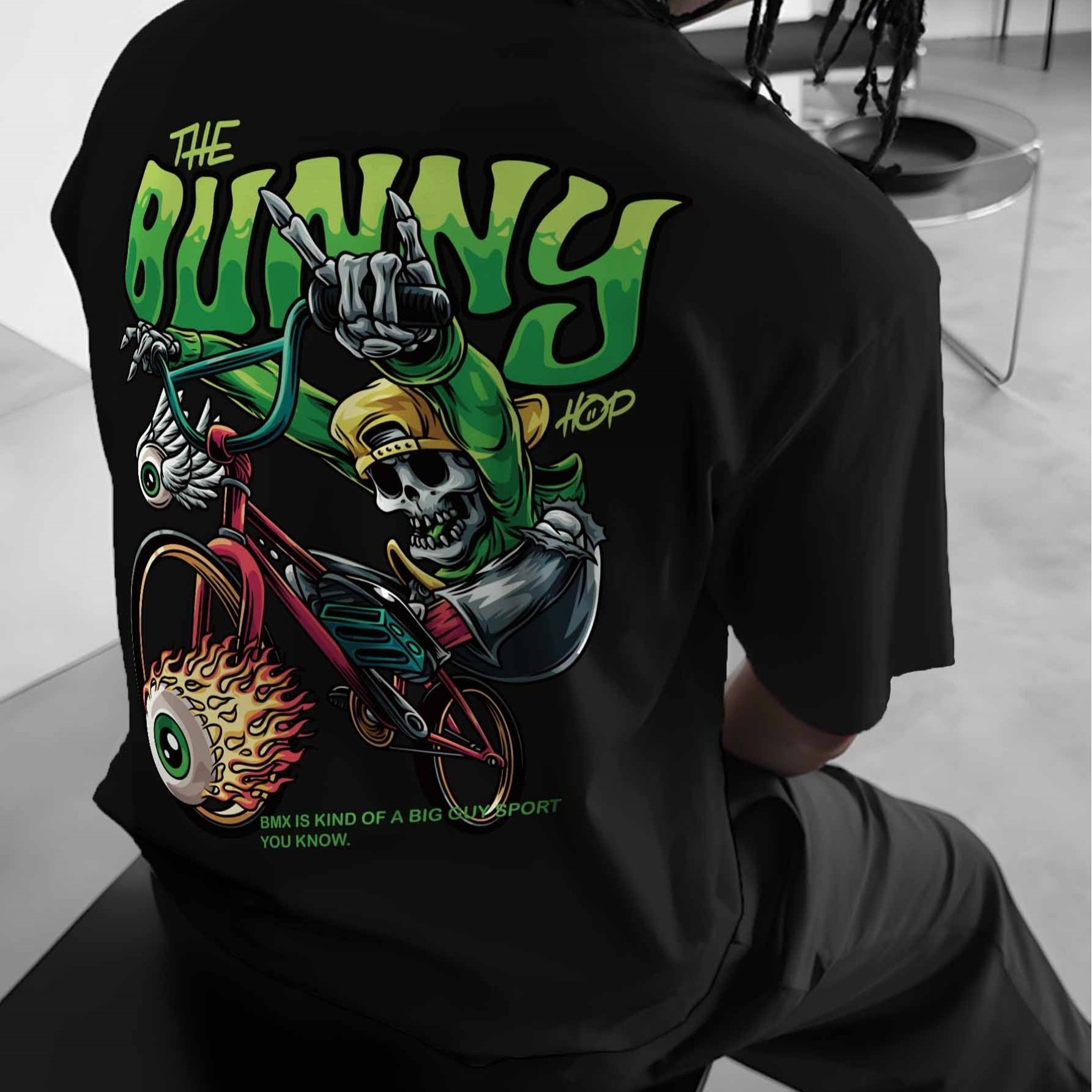 TEMU Skull Riding Bmx + Rock Hand Gesture" Printed Pattern, Polyester Fiber Material, Men's Fashionable Style, Casual Short-sleeve T-shirt,
