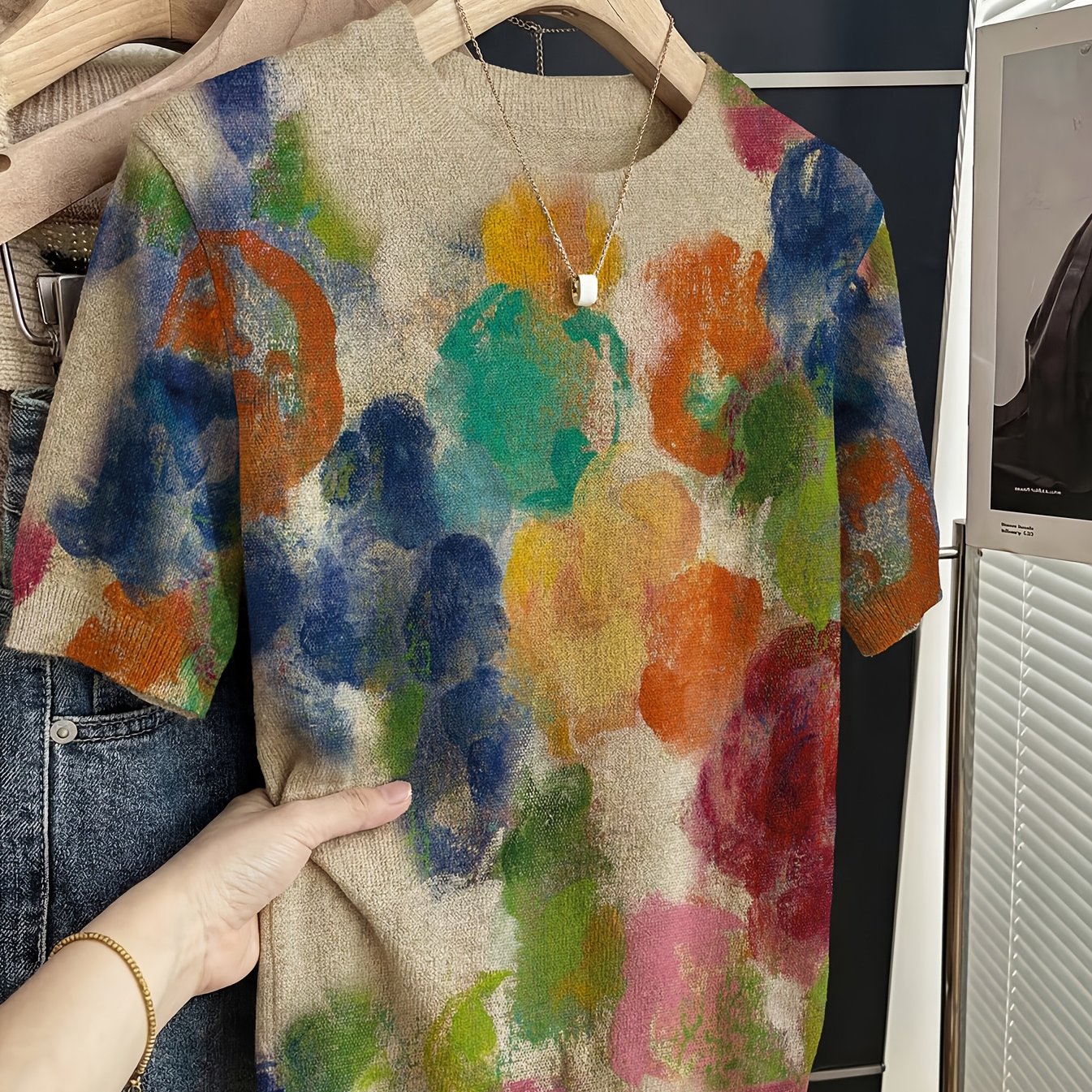 TEMU Women's Thin Short Sleeve Summer Printed Sweater - Elegant Round Neck Pullover, Comfortable Fall Winter Layering Piece, Casual Wear, Fashion Top