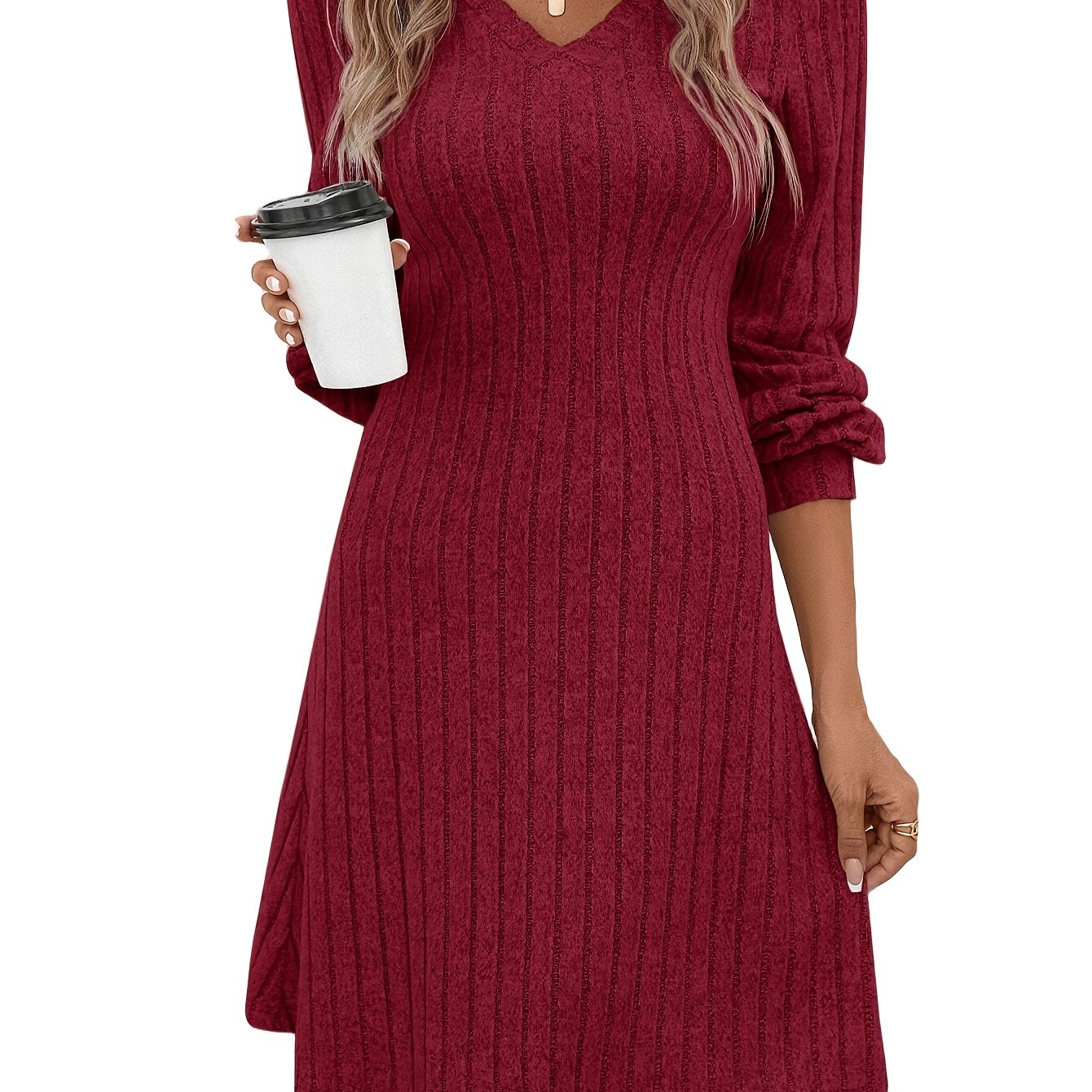 TEMU Fashionable And Elegant V-neck Brushed Texture Ribbed Long-sleeve, Solid Color Mid-length Women's Dress