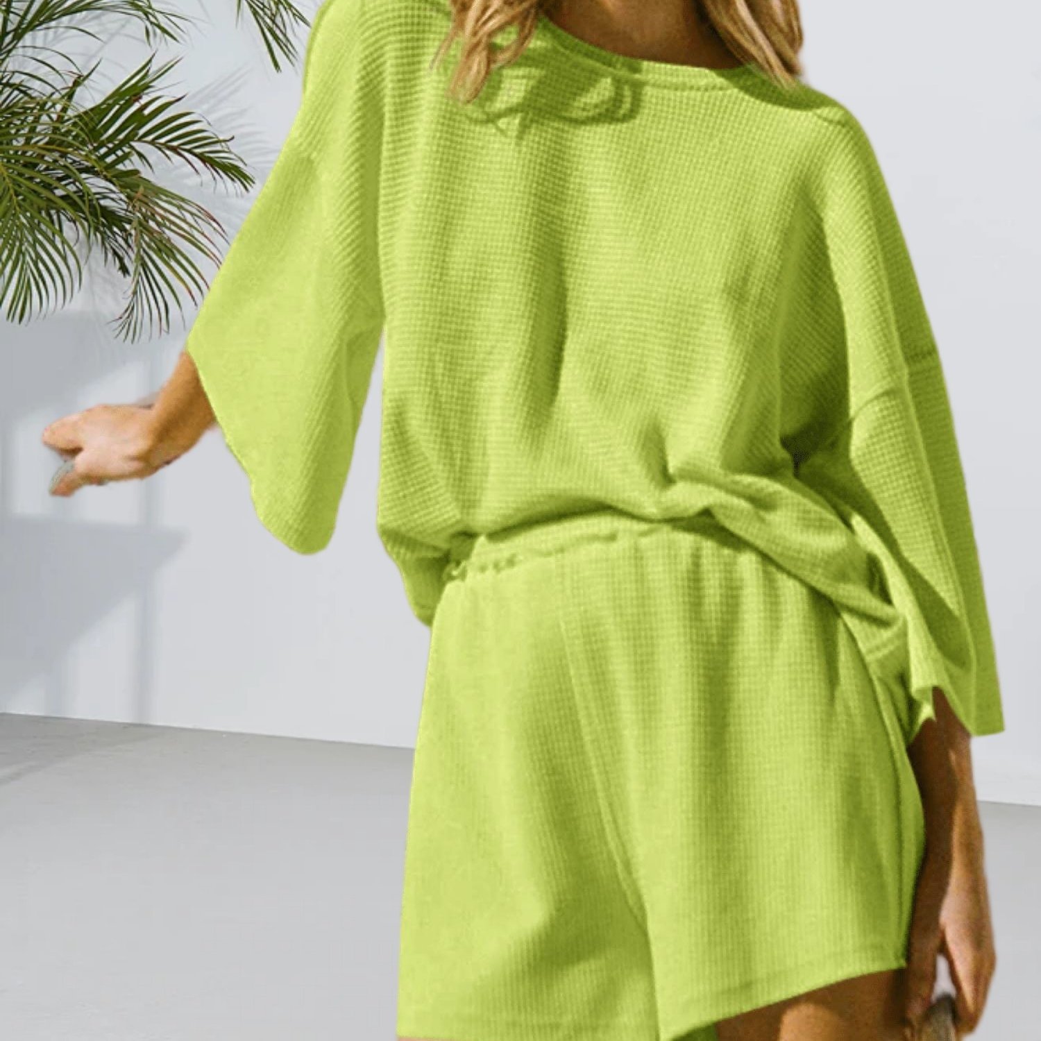 Image of Casual Two-piece Short Sets For Women Featuring A 3/4 Sleeve Top And Elastic Waist Shorts, Perfect For Daily Lounging And Summer