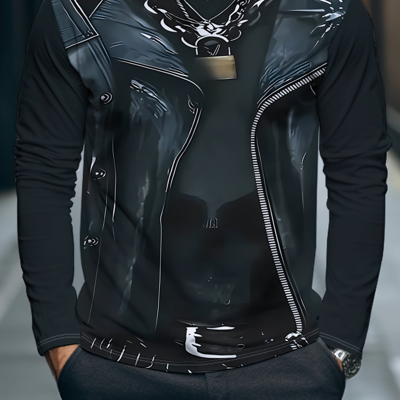TEMU Camiseta de larga para hombre, diseño con estampado de chaqueta falsa, tejido de fibra de poliéster y agradable , top moderno individual, capa