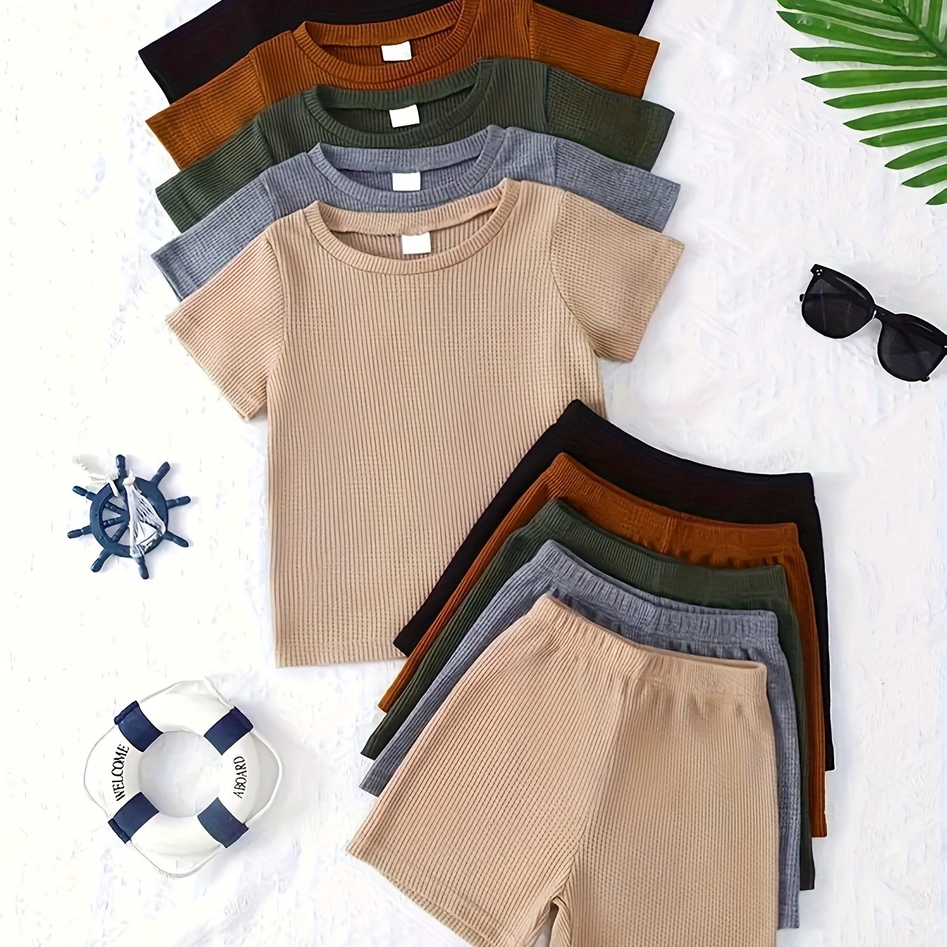 Image of 10pcs Boys' Casual Solid Color Knit Short Sleeve Tops And Elastic Waist Shorts Set, Perfect For Outdoor