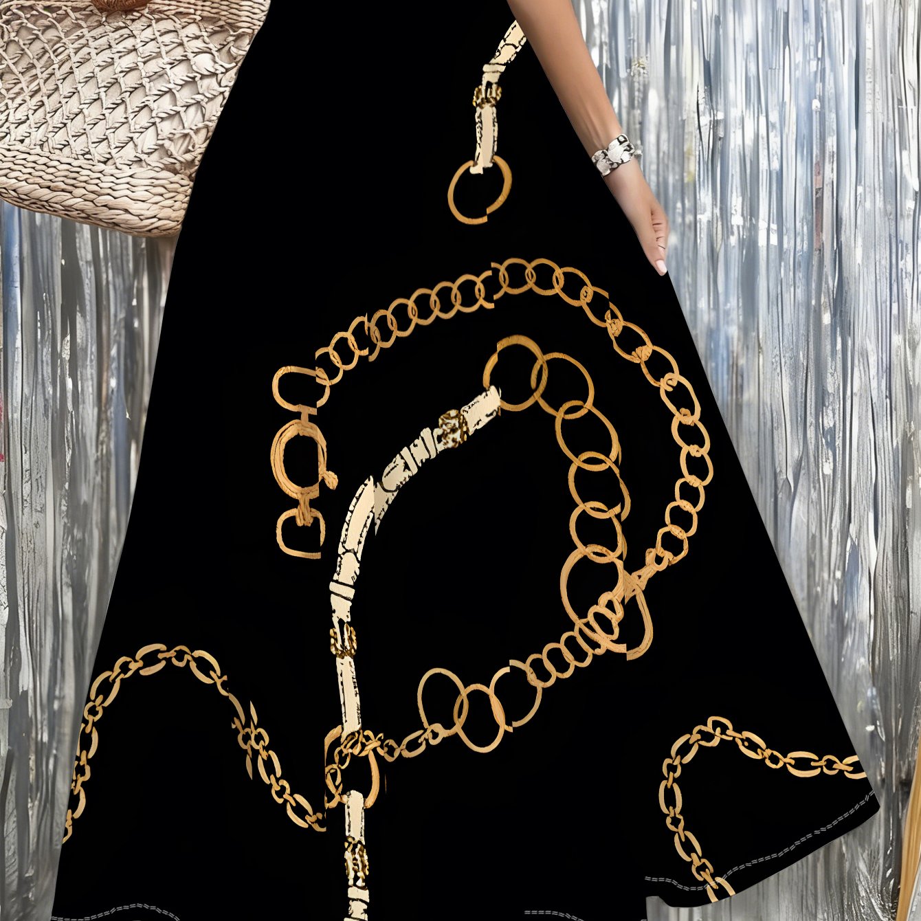 TEMU 1pc A Black Maxi Skirt Featuring A Chain Print, Ideal For Beach Trips, Casual , Parties, And Everyday Use, Fashionable And Trendy, Great For