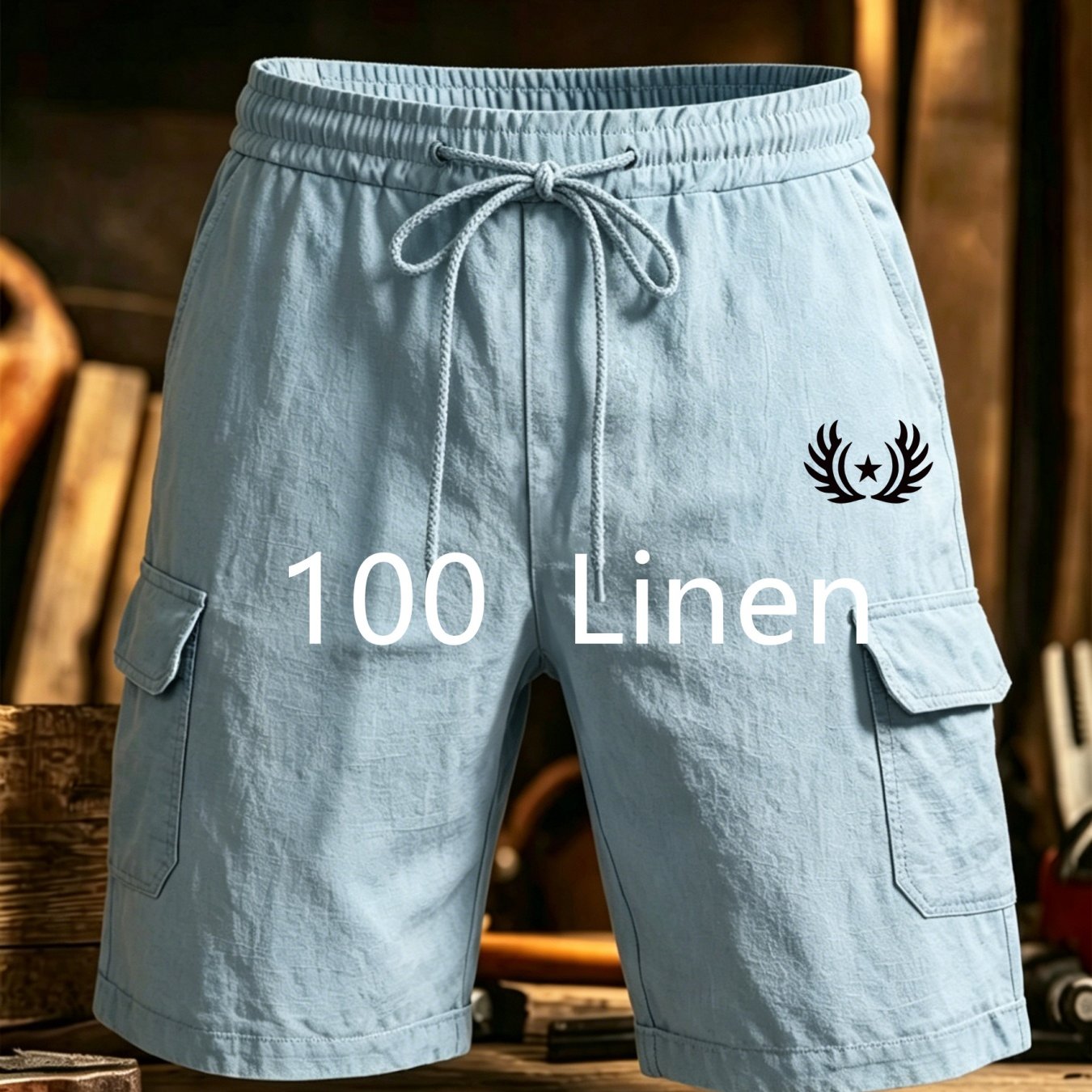 Men's 100% Linen Cargo Shorts, Drawstring Elastic Waist, Breathable Casual Summer Shorts With Wing Print Design