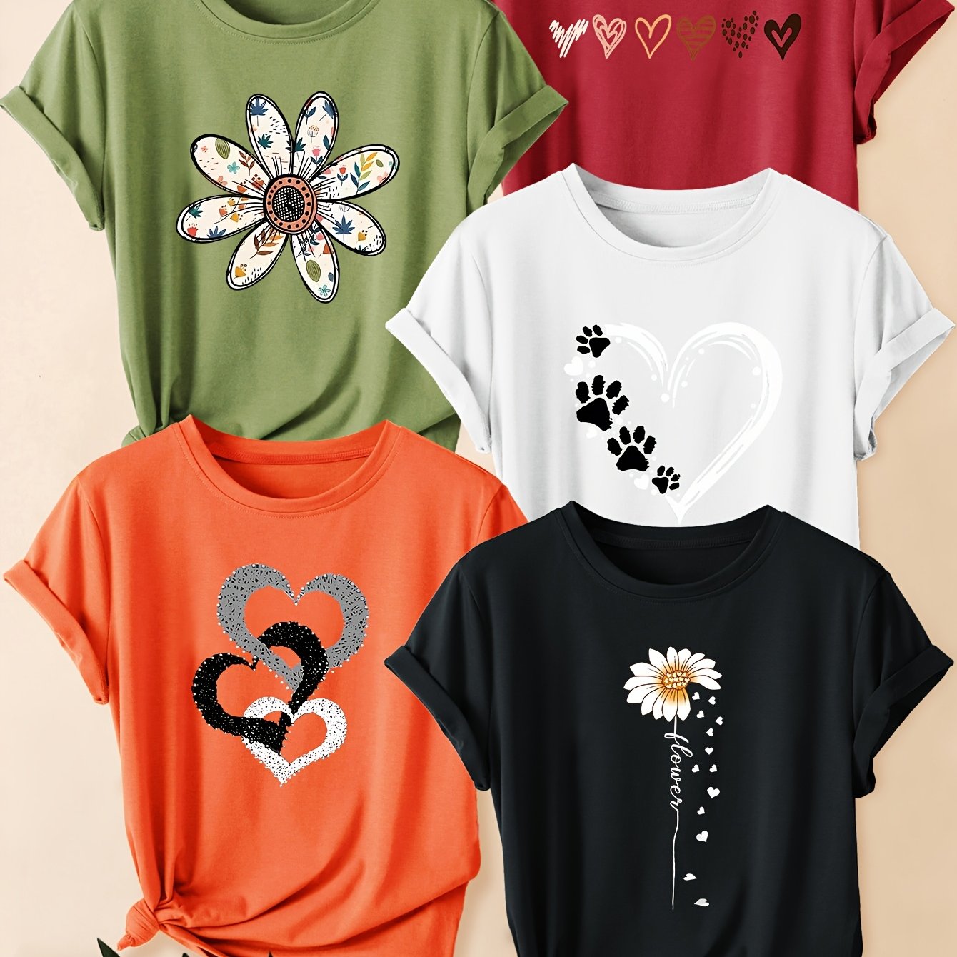 E-shop 5er-Set Damen Retro Grafikdruck T-Shirts - Blumen & Herz Designs, Weiche Stretch Rundhals Freizeit-Tees für Fitnessstudio, Training & ,