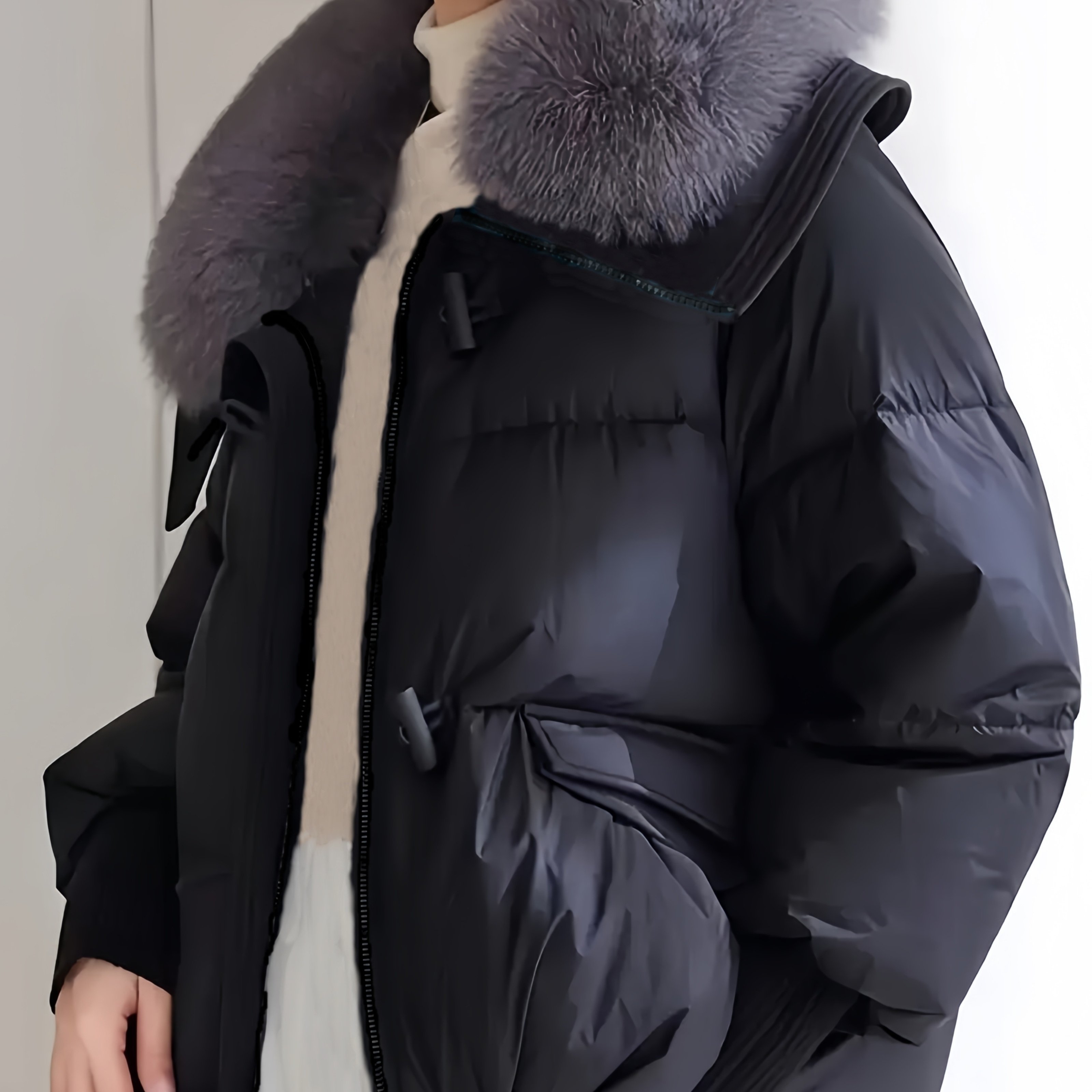 TEMU Damen Herbst Winter Dicke Warme Jacke, Lockerer Stil, Abnehmbare -Pelle, Reißverschluss, Große , Schickes Elegantes Design