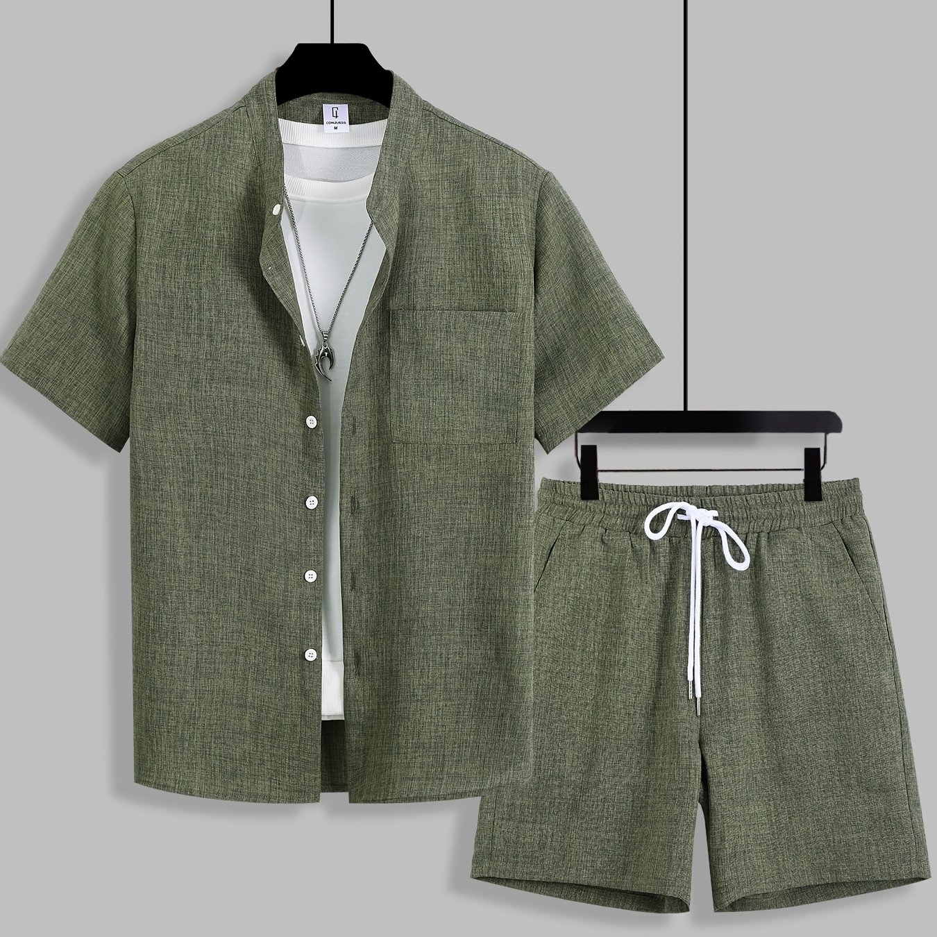 Image of Men's Summer Outfit Solid Color Single Pocket Stand Collar Short Sleeve Open Button-up Shirt Drawstring Slant Pocket Shorts Wear 2pcs Set