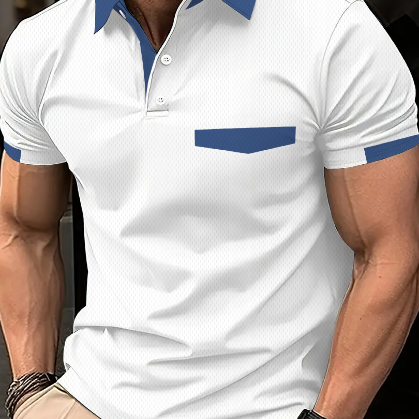 TEMU Men's -block Printed Shirt With Collar And Sleeve Trim, Breathable Short-sleeve Shirt, Suitable For Casual And Work Wear, Machine Washable