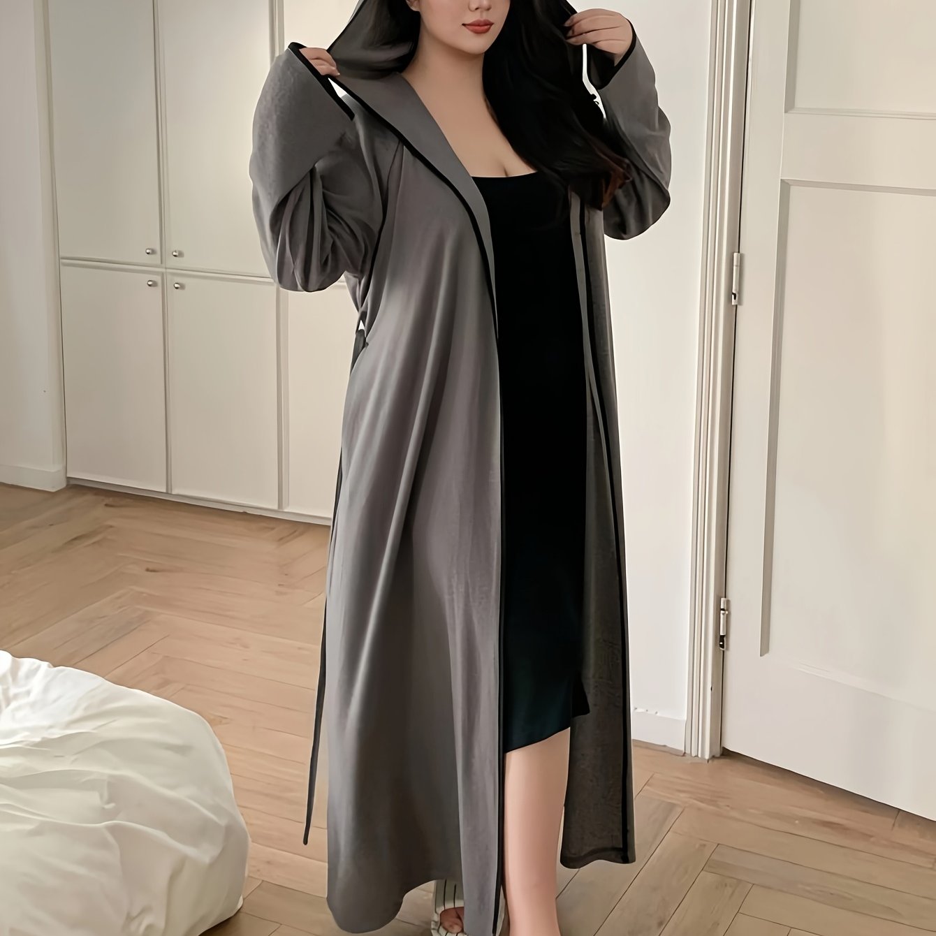 Image of Plus Size 1xl-8xl Women's Loose Fit Robe, Contrast Trim And Drawstring Waist Hooded Nightgown, Casual Sleepwear