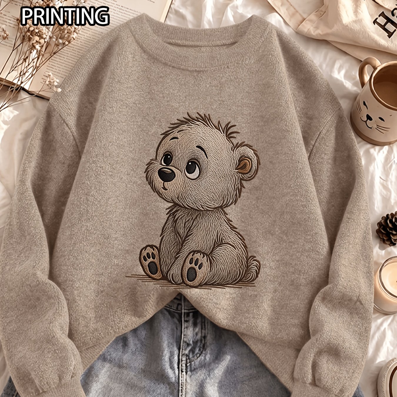 TEMU Women's Casual Round Neck Sweater Top With Cute Bear 2d Print Print, Autumn Winter Pullover Knitwear Shirt