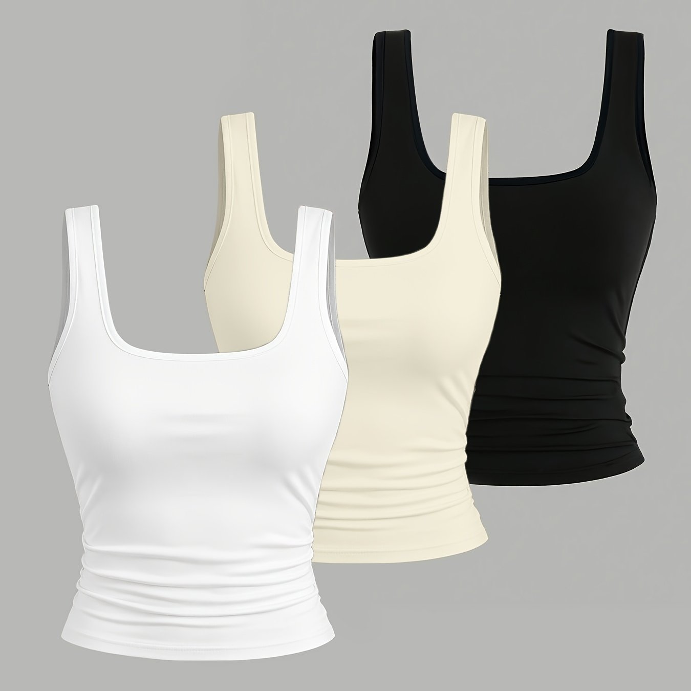 TEMU Women's Slim-fit Sleeveless Crop Camisole Tank Top, 3pcs Set In Solid Color, For Layering, Outerwear, Or Sleepwear