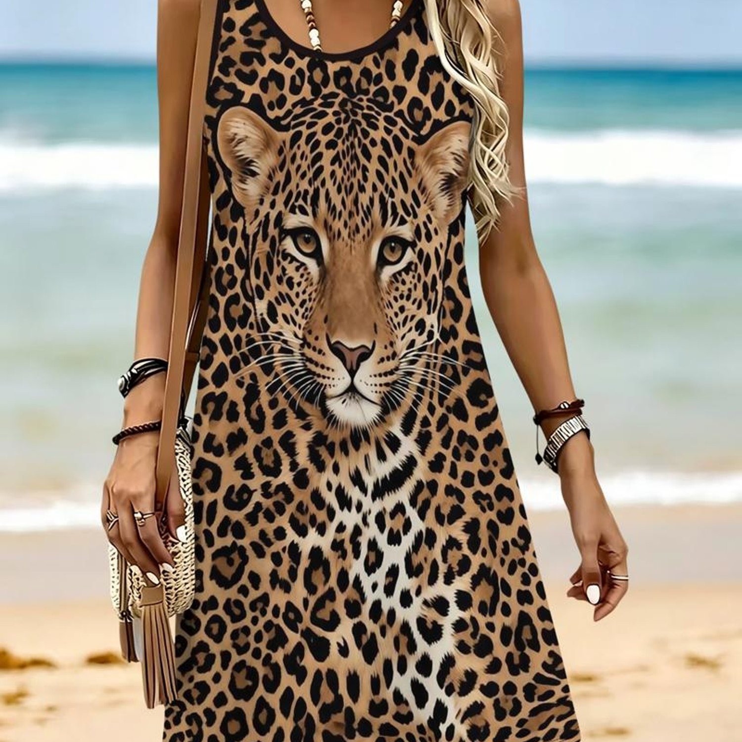 TEMU Women's Classic Leopard Sleeveless Tank Dress, Casual Graphic Print A-line Mini Sundress For Summer Beach Vacation, Travel, And Daily Wear