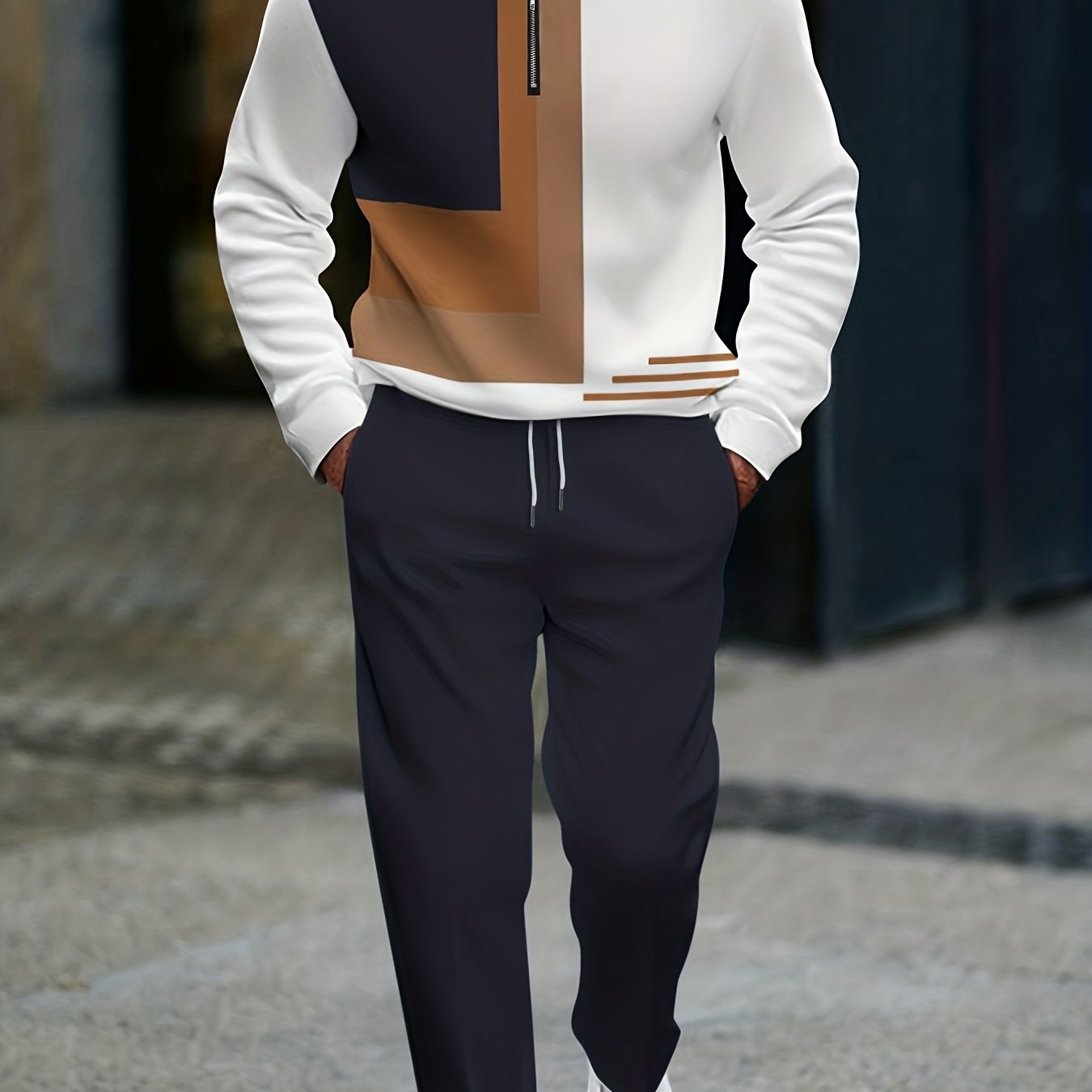 Image of Men's Casual Geometric Print Long Sleeve T&patchyla (corrected ) T-shirt & Pants Suit - Stretch Fabric, Collar, Regular Fit With Pockets - Color Block Streetwear, Matching Outfit
