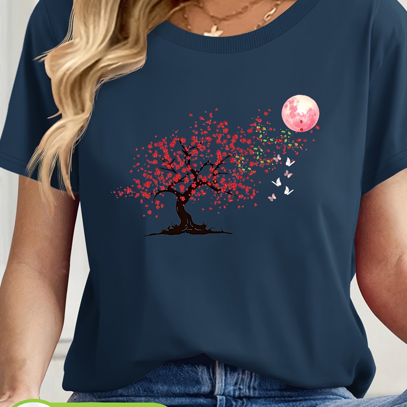 Women's Floral Print T-shirt - Navy Blue Casual Short Sleeve Round Neck Top With Red Flower & , Machine Washable Spring/summer Casual Attire, Summer Clothing, Nontransparent Fabric