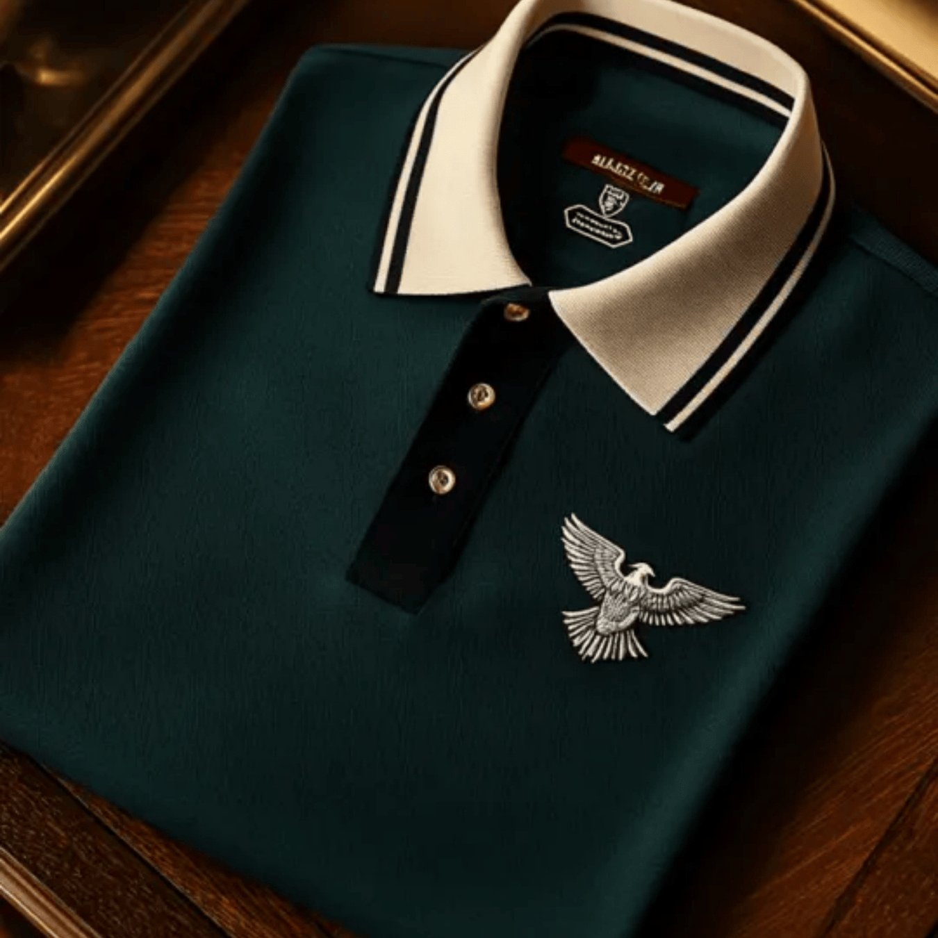 Image of Men's Business And Leisure Shirt, Men's Business And Leisure Shirt Dark Green Contrasting Color White Collar Eagle Print Straight And Stylish Summer Breathable Short Sleeve Top