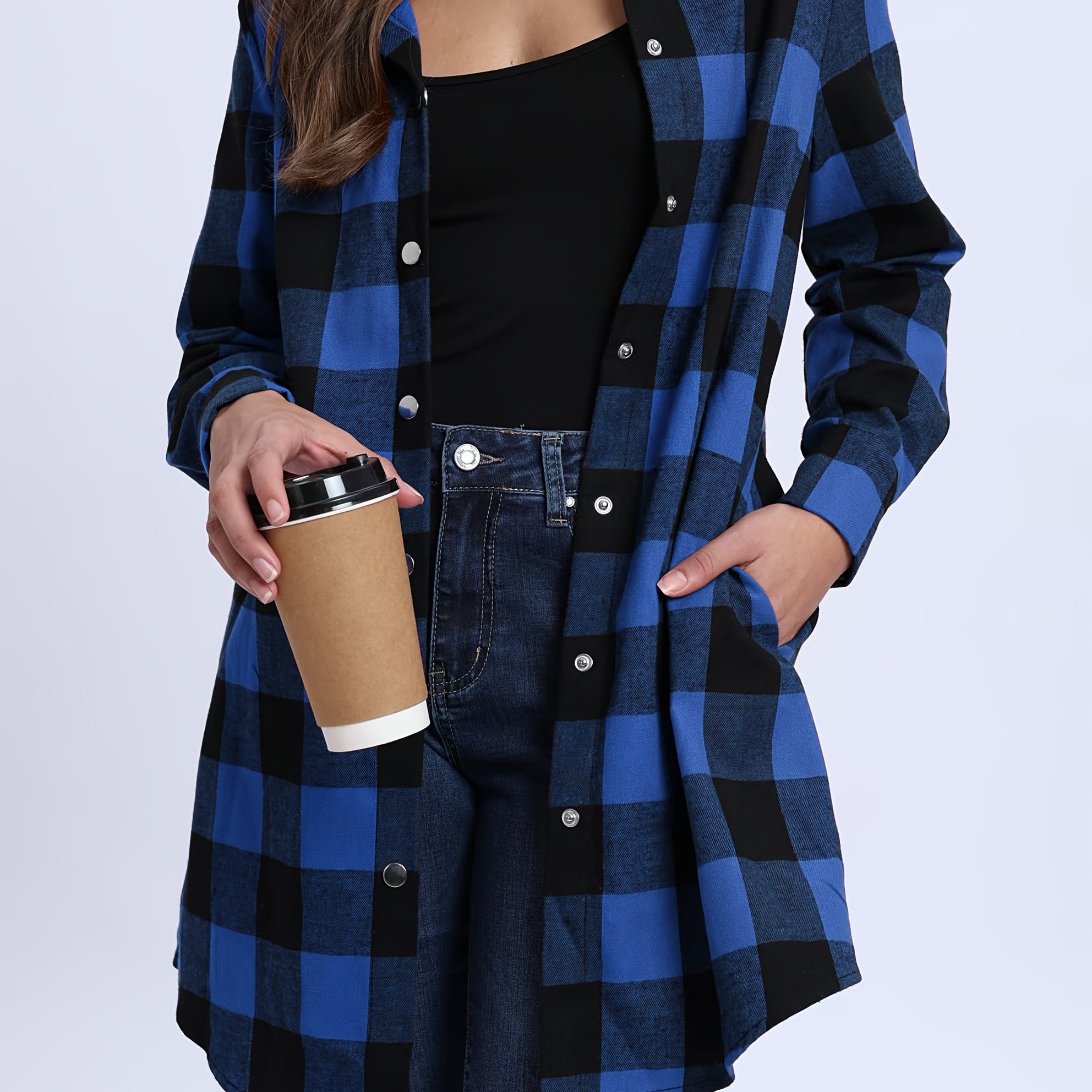 Image of 2025 Early Spring Plaid Button-up Mid-length Women's Casual Temperament Hoodie, Suitable For Autumn, Fashionable Design, Elegant Style, Gift, Party