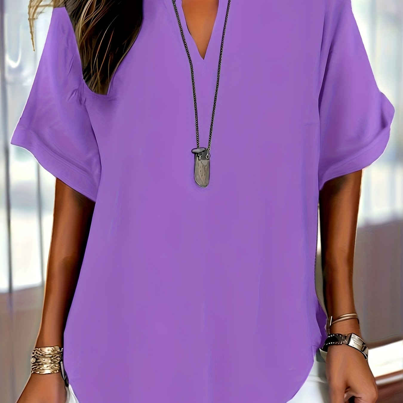 Women's Fashion Solid Color V-neck Short Sleeve Shirt Spring/