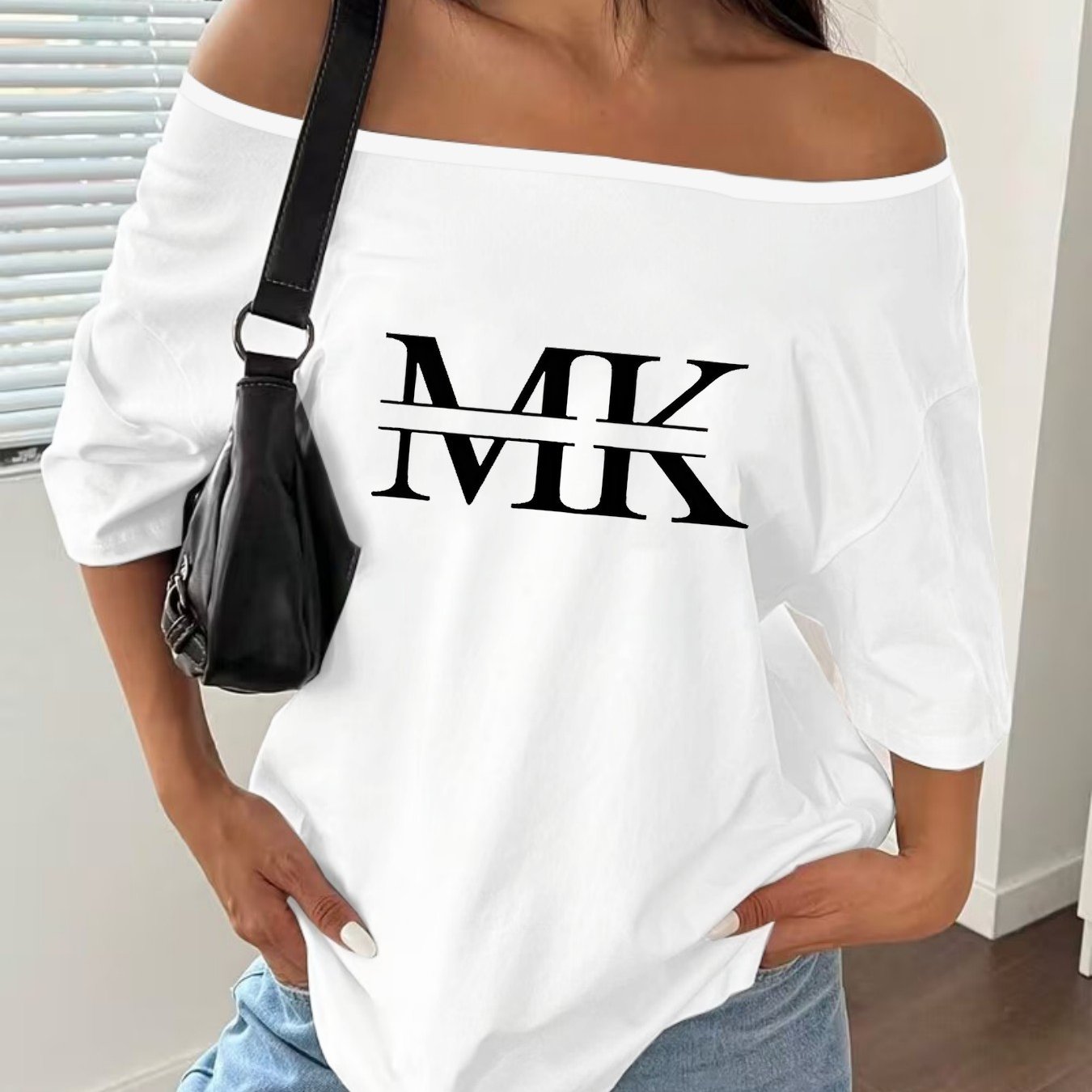 TEMU Women's Off-the-shoulder Oversized T-shirt - High Elastic Breathable Short Sleeve Blouse Suitable For Commuting,, Streetwear | Loose Fit Letter