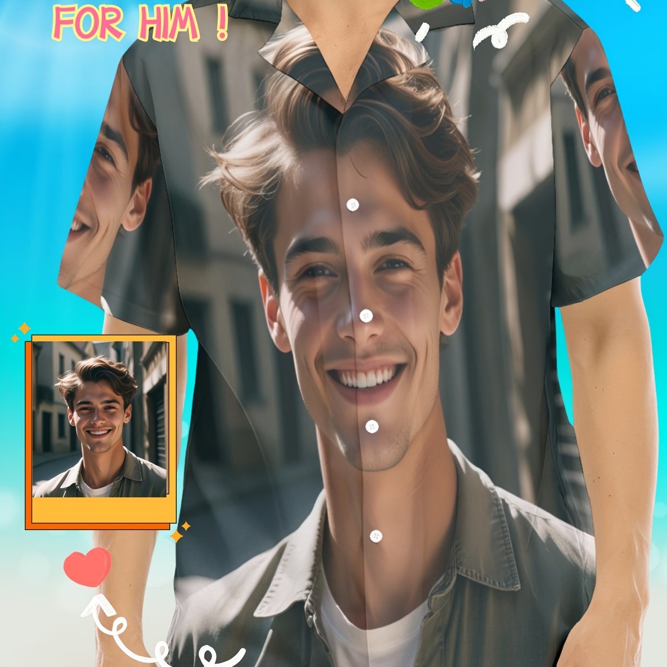 TEMU Camisa Casual para Hombre con Manga Corta Personalizable - Estampado de Foto DIY, Corte , Tejido Transpirable, Lavable a Máquina, Tallas S-3XL