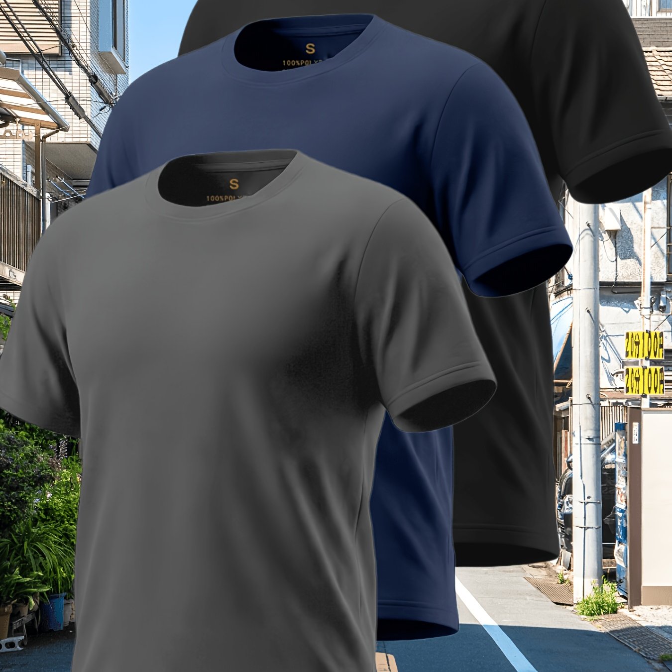 TEMU 3pcs Men' Color Short Sleeve Outdoor Sports Shirt Casual Work Round Neck Short Sleeve Comfortable Moisture Wicking
