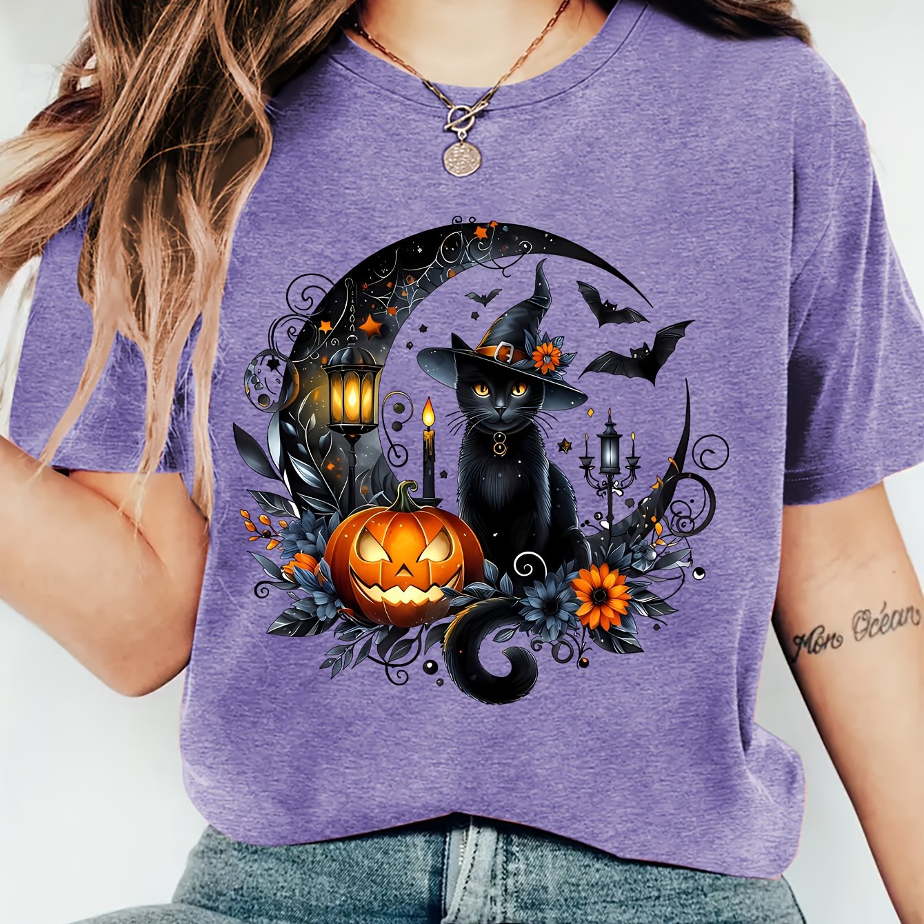 TEMU Women's Vintage Gothic Black Cat & Bats Print T-shirt - Round Neck Short Sleeve Top With Spooky Pumpkin & Moon Design - Halloween Party Outfit