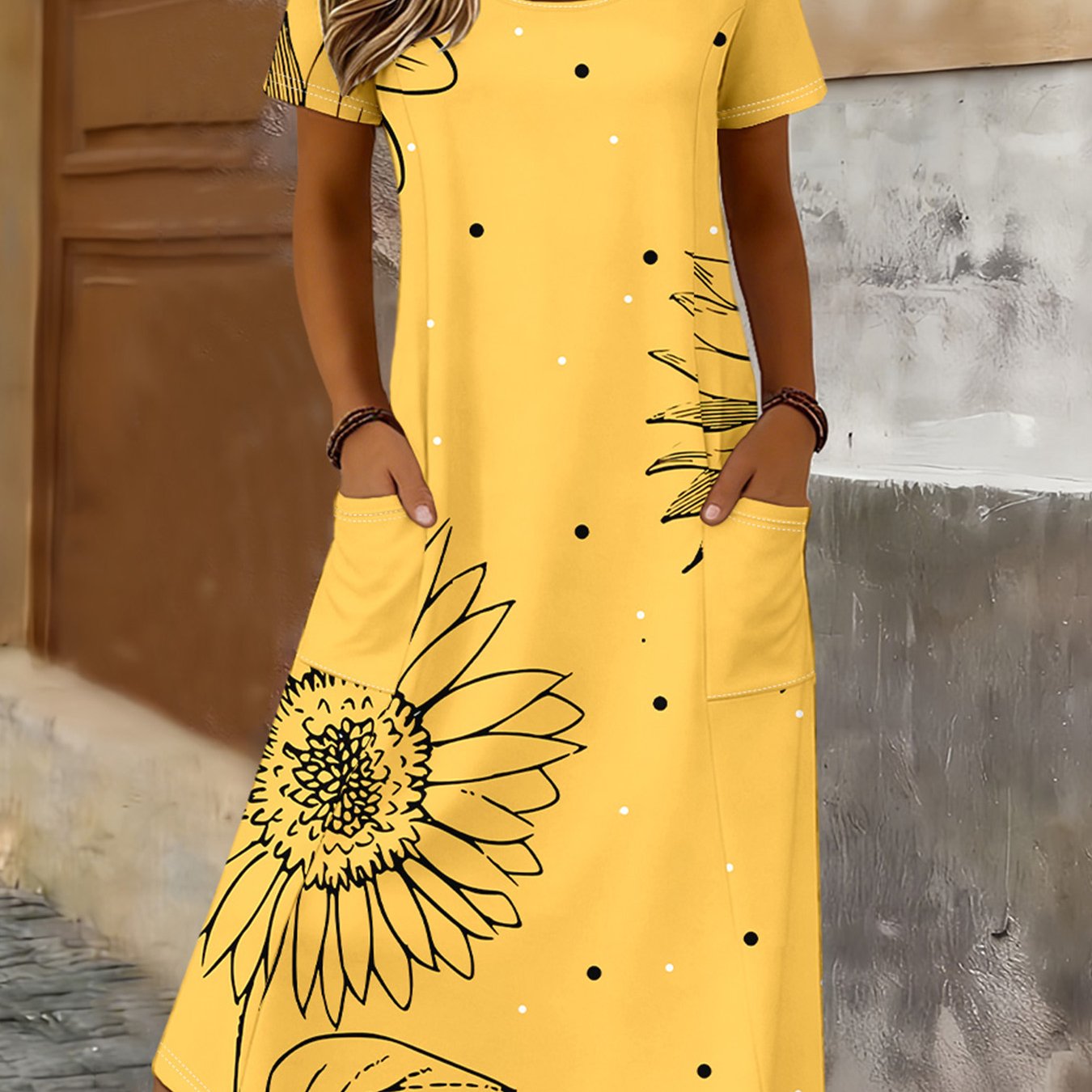 TEMU 2026 Women's Summer Dress, Elegant Casual Printed Round Neck Short Sleeve Dress With Pockets