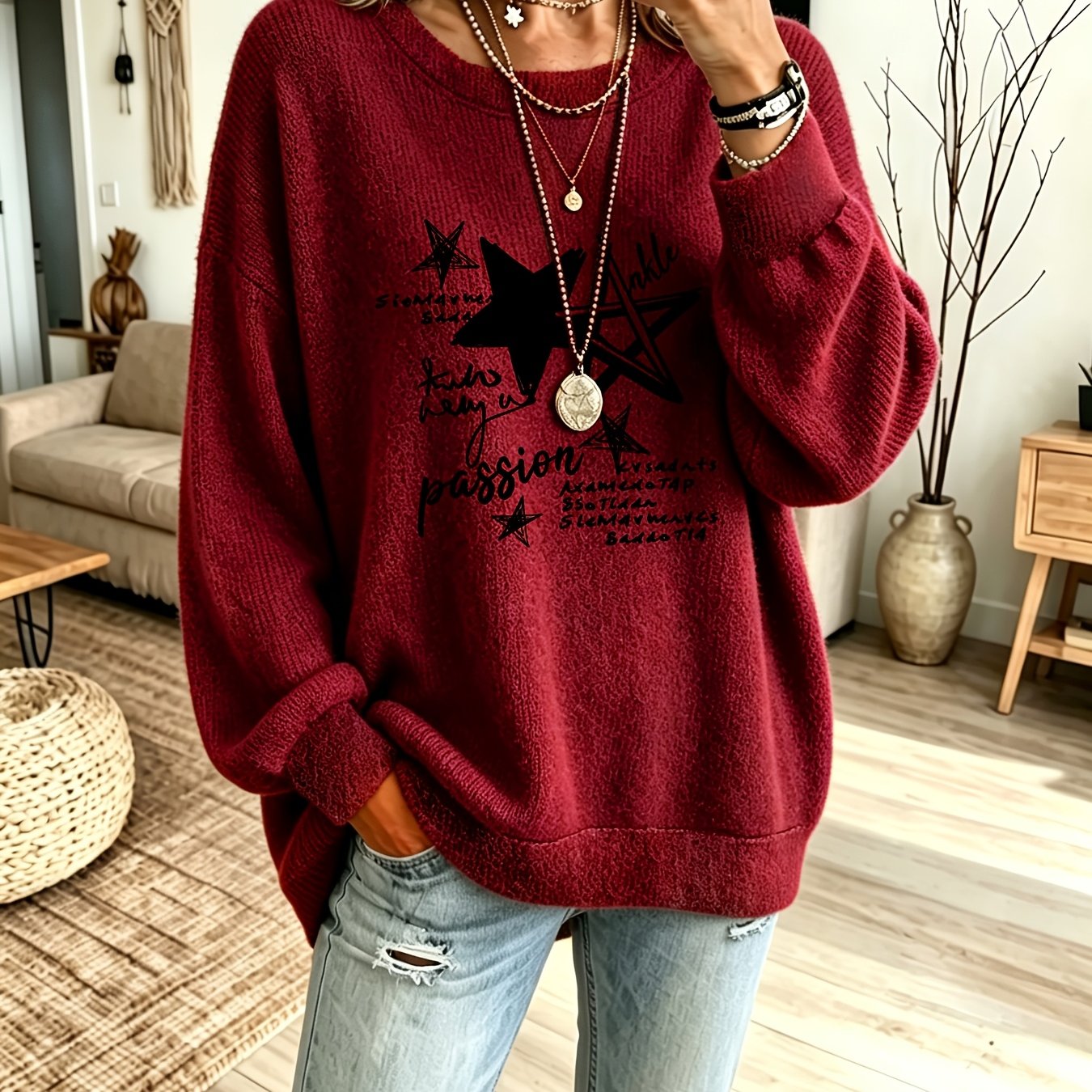 TEMU Pyjama et vêtements d'intérieur pour femmes, pull d'automne/hiver à col rond avec motif étoiles, pull décontracté pour /hiver, haut pull et