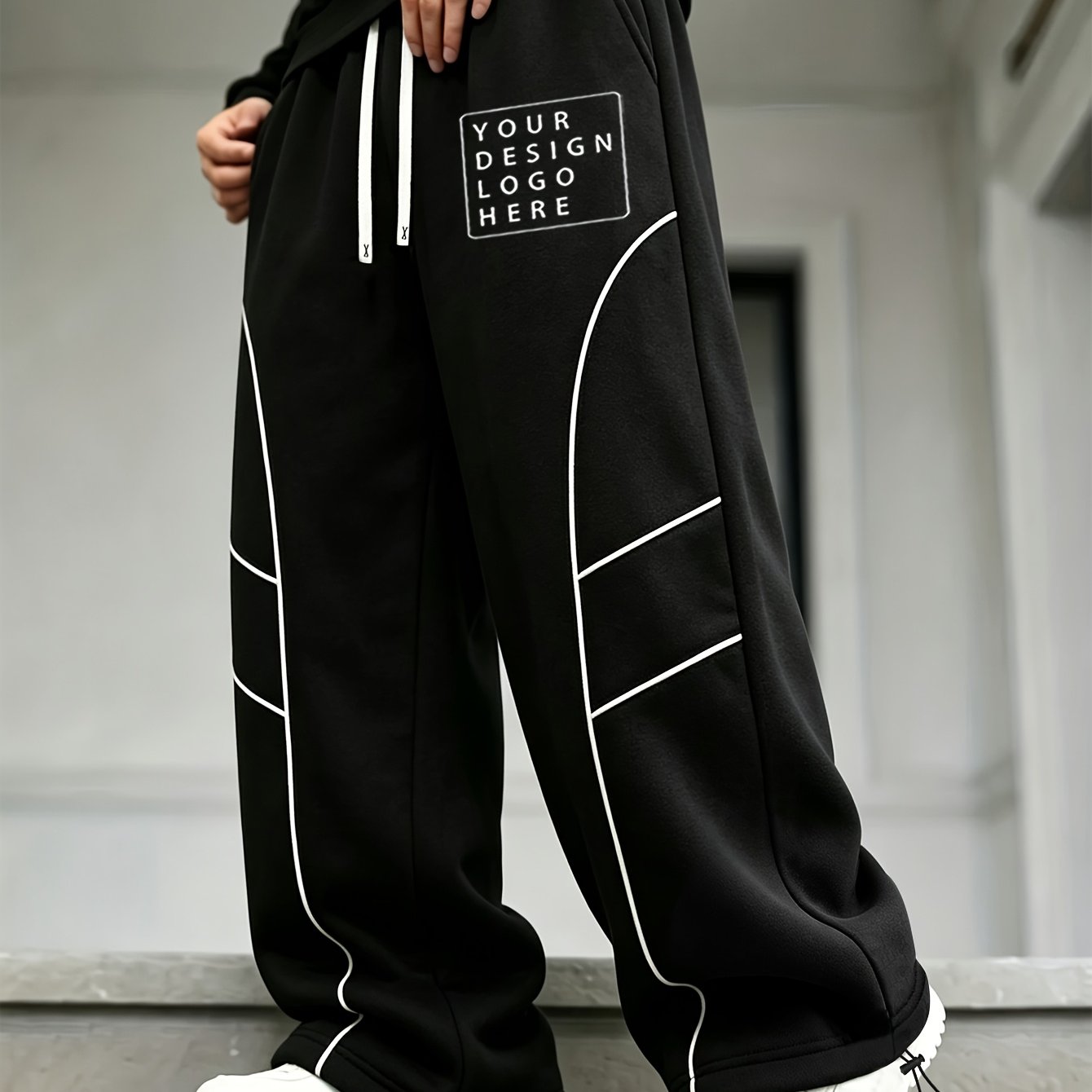 TEMU Personalized Single-pc Fashion Men's Trousers With Elastic Drawstring Waist, Customizable Pattern/logo, Free To Showcase Aesthetic, Loose And