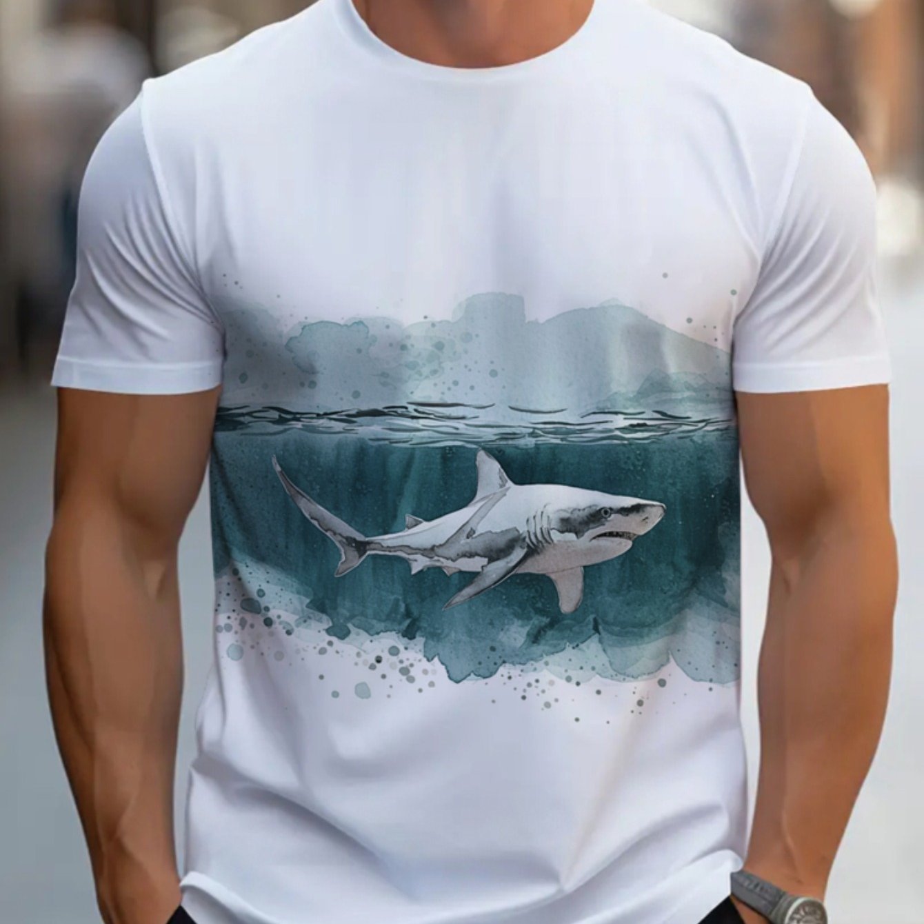 TEMU Men's Shark Print Short Sleeve T-shirt - Full-body , Lightweight Breathable Polyester Round Neck Summer Beachwear Suitable For Parties, Festive